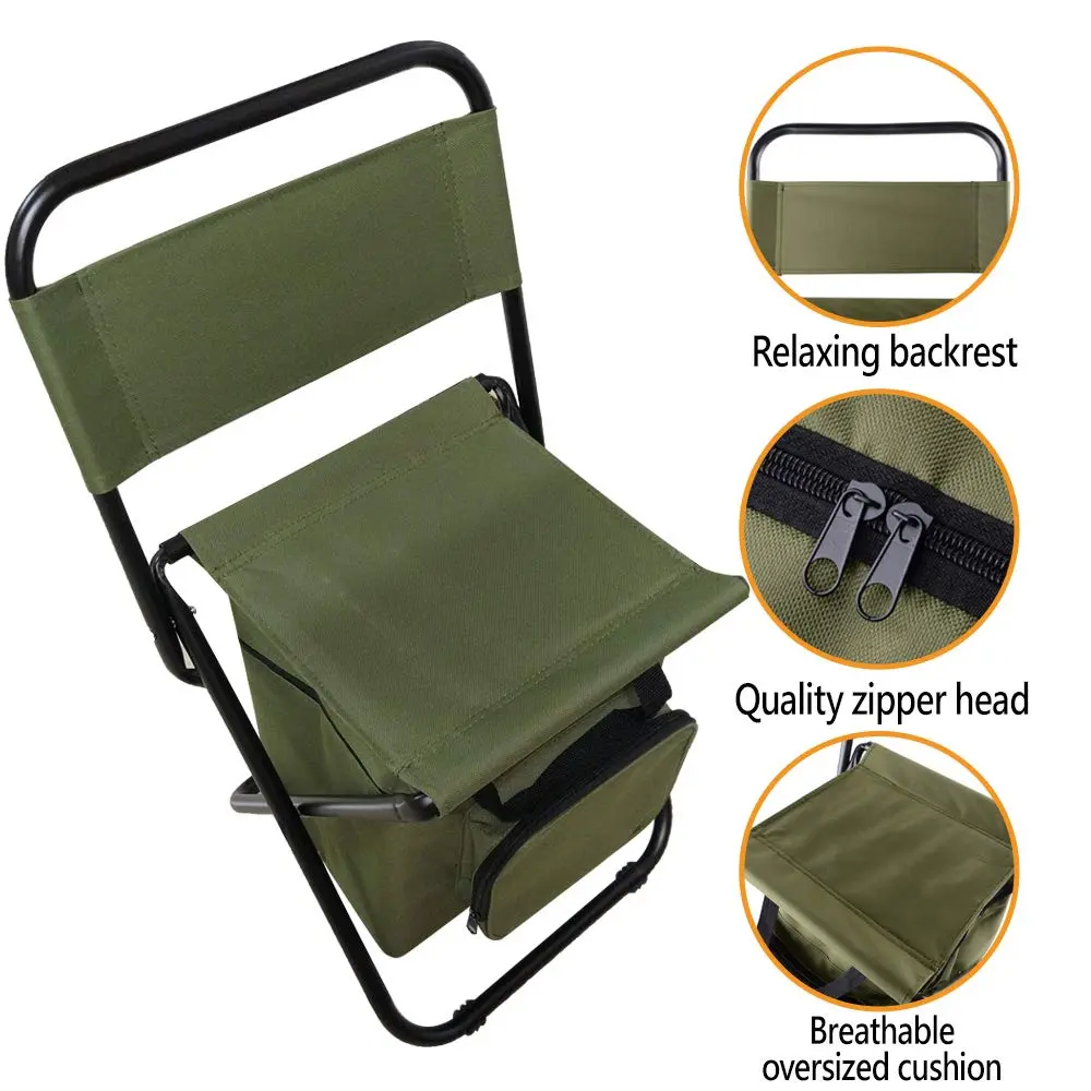 KINGMODERN Portable Camping Chair with Cooler Bag & Backrest - Army Green | Lightweight Backpack Stool, 200kg Capacity - view 5
