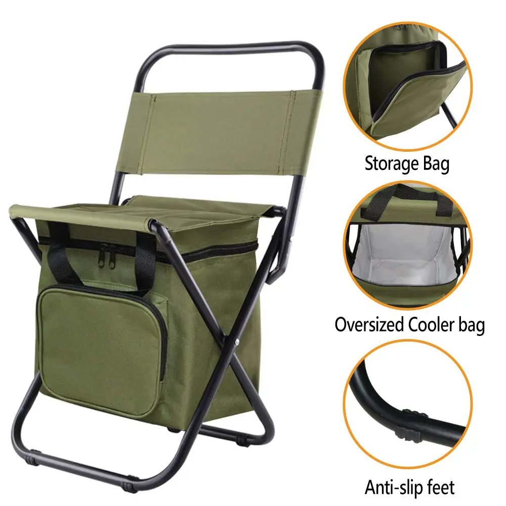KINGMODERN Portable Camping Chair with Cooler Bag & Backrest - Army Green | Lightweight Backpack Stool, 200kg Capacity - view 3