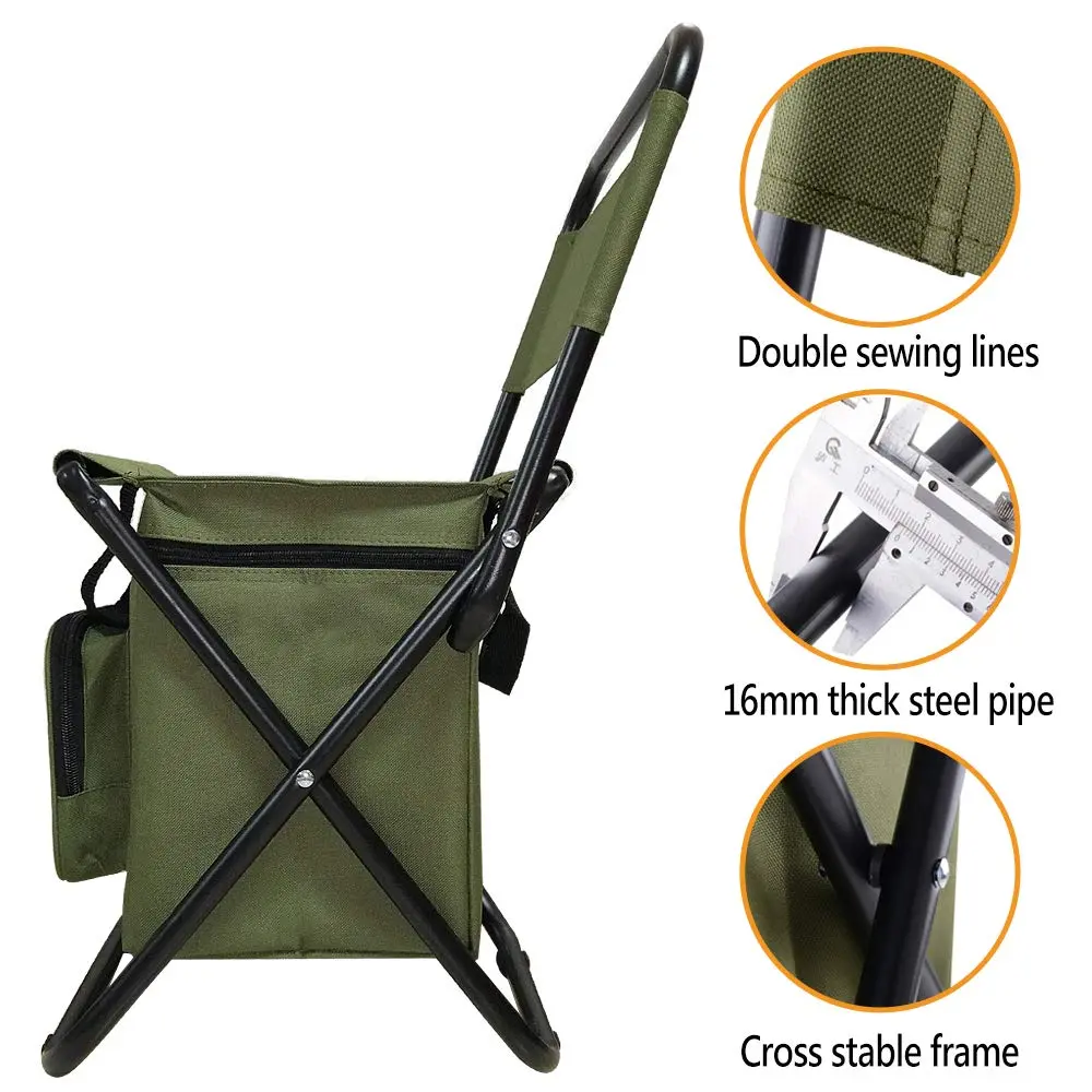 KINGMODERN Portable Camping Chair with Cooler Bag & Backrest - Army Green | Lightweight Backpack Stool, 200kg Capacity - view 4