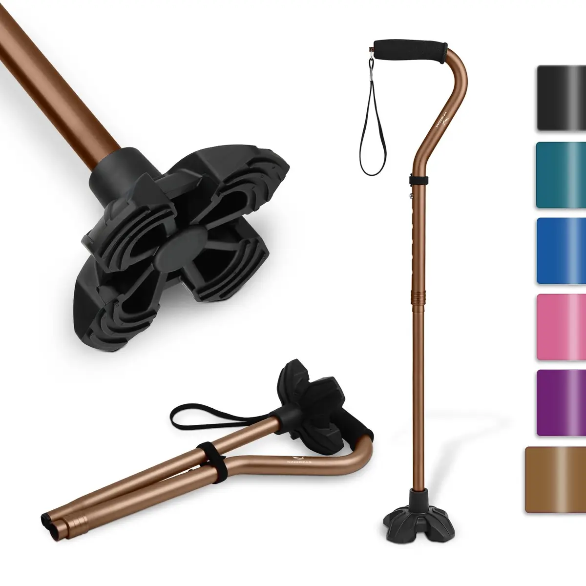 KINGGEAR Self Standing Quad Cane with Offset Handle & 4.3" Base | 31"-36" Adjustable Height, 1.1 lbs Lightweight Aluminum, 300 lbs Capacity - main product image