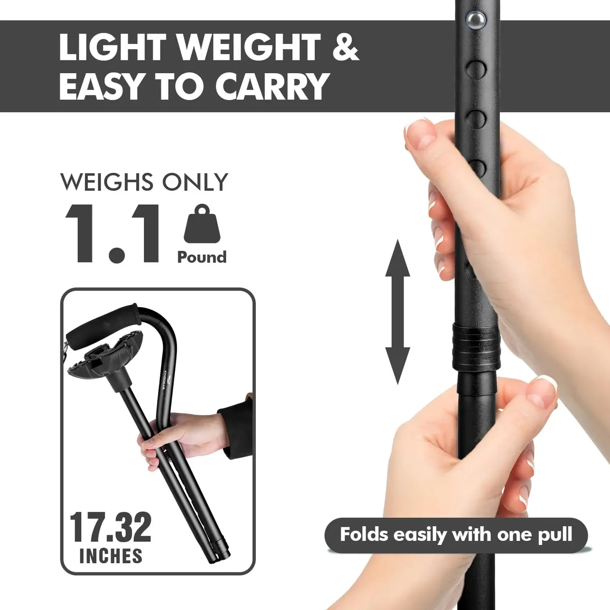 KINGGEAR Self Standing Quad Cane with Offset Handle & 4.3" Base | 31"-36" Adjustable Height, 1.1 lbs Lightweight Aluminum, 300 lbs Capacity - view 5
