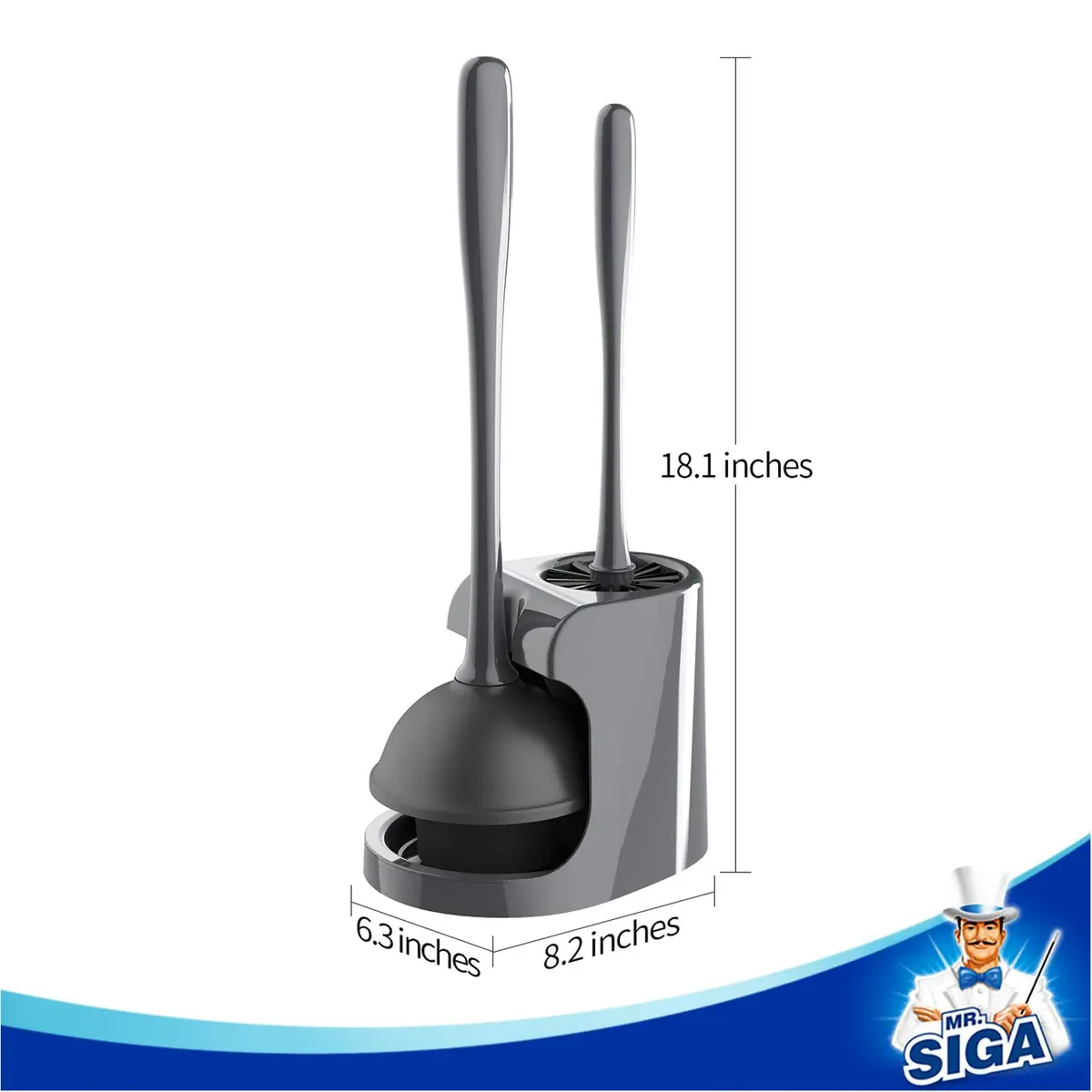 MR.SIGA Toilet Plunger and Bowl Brush Combo for Bathroom Cleaning, Gray | Heavy Duty Rubber Plunger & Nylon Brush - view 9