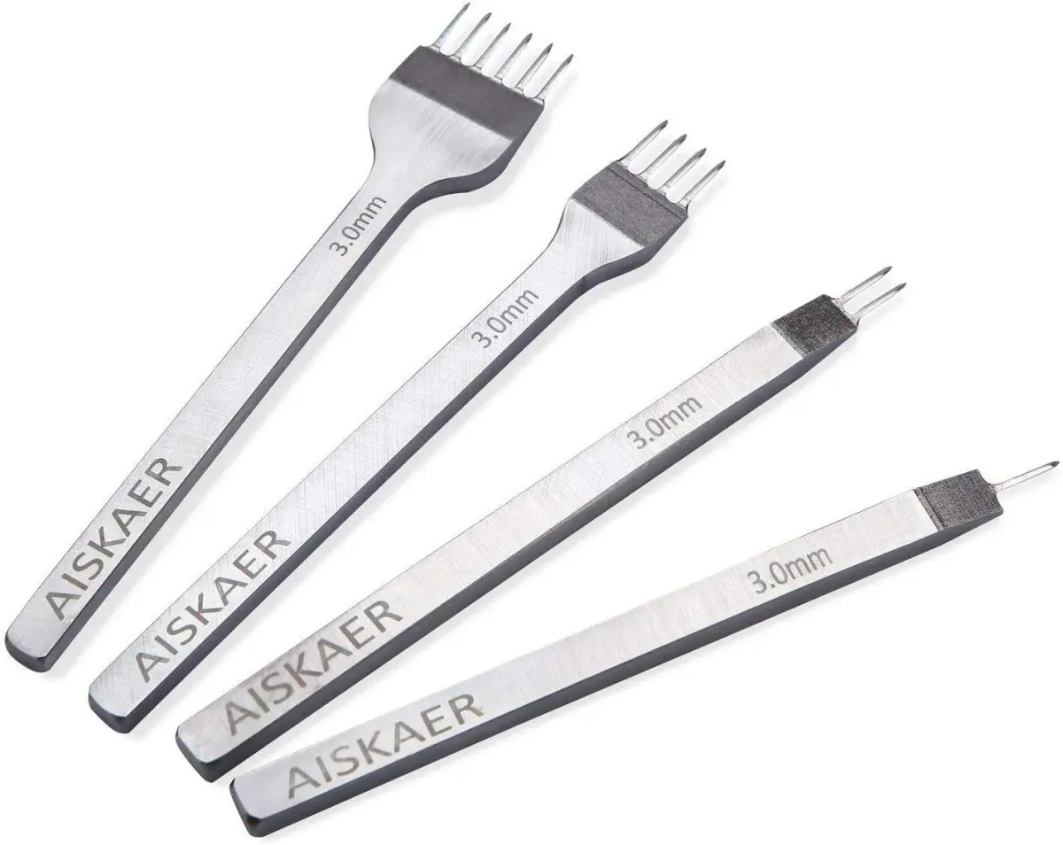 Aiskaer Leather Stitching Punch Set 3mm White Steel | 4-Piece Diamond Chisel Tool Set for Leather Craft DIY - main product image