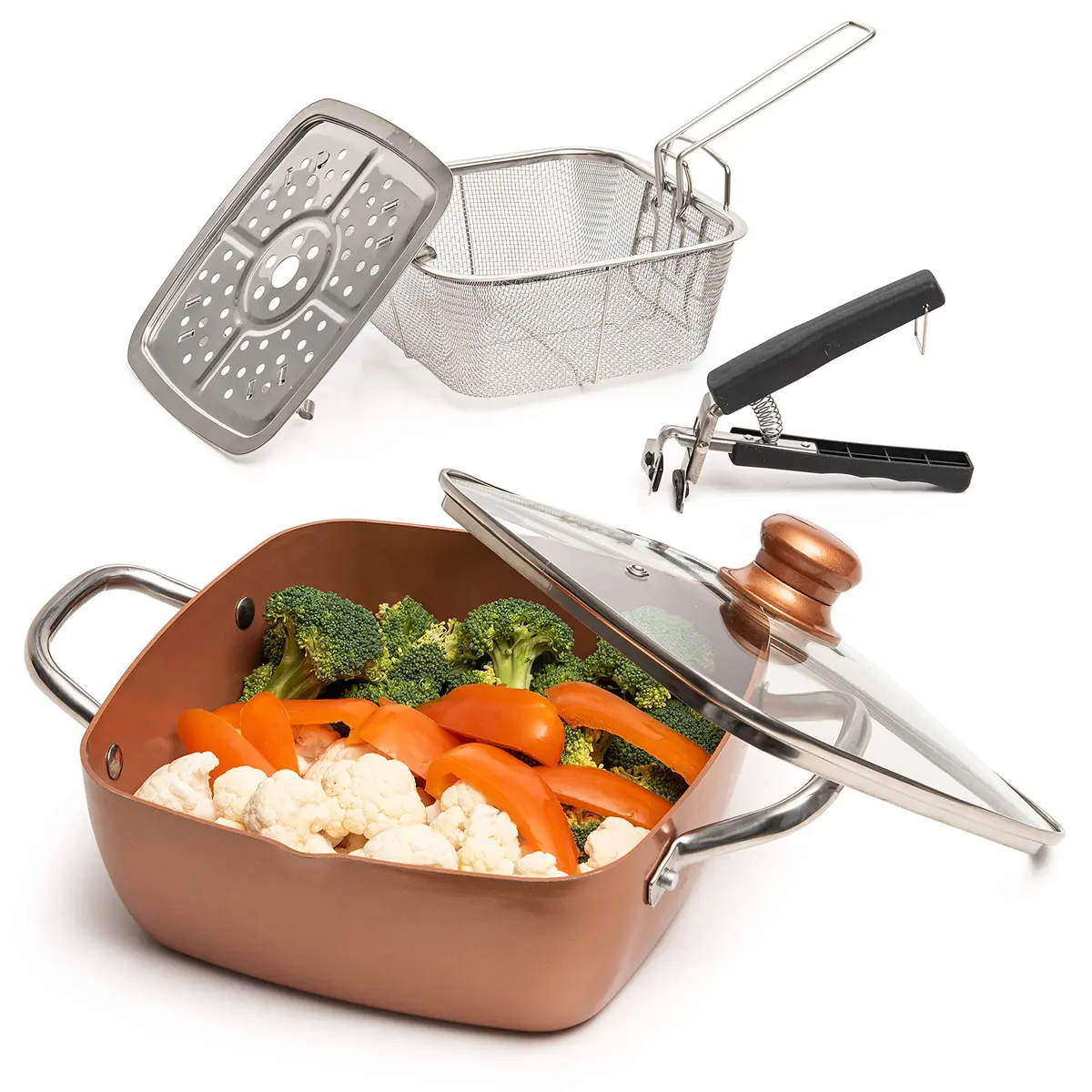 Moss & Stone 5 Qt Copper Deep Fry Pan Set with Fry Basket & Glass Lid, 2.18 kg (4.8 lb) | Induction Compatible, Oven Safe, Dishwasher Safe - main product image