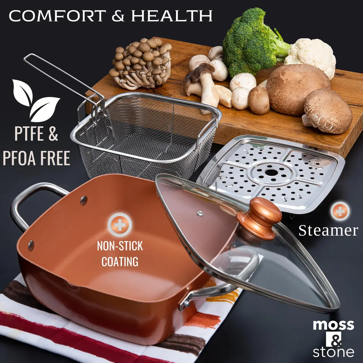 Moss & Stone 5 Qt Copper Deep Fry Pan Set with Fry Basket & Glass Lid, 2.18 kg (4.8 lb) | Induction Compatible, Oven Safe, Dishwasher Safe - view 7