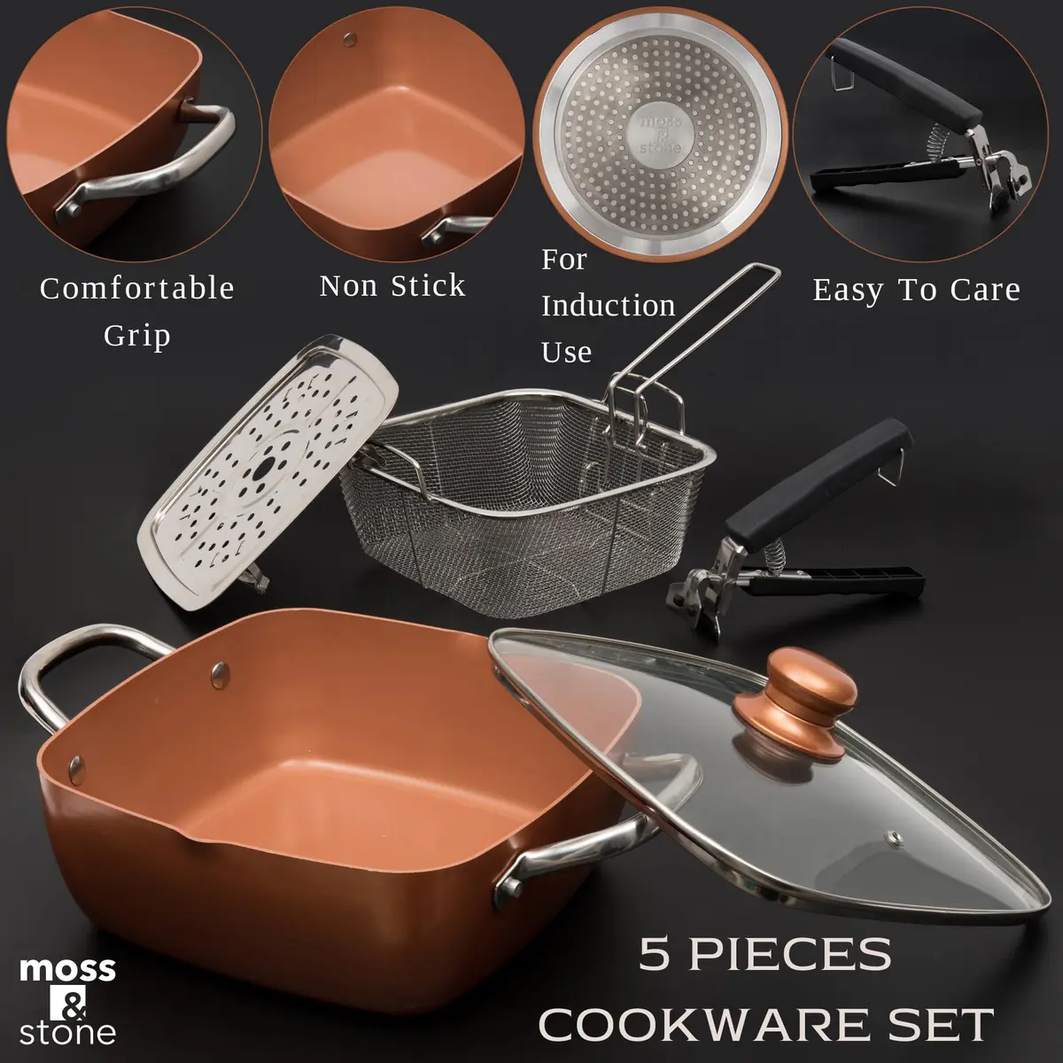 Moss & Stone 5 Qt Copper Deep Fry Pan Set with Fry Basket & Glass Lid, 2.18 kg (4.8 lb) | Induction Compatible, Oven Safe, Dishwasher Safe - view 2