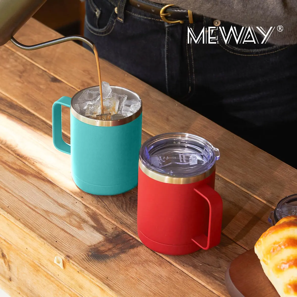 MEWAY 12oz Coffee Mug With Handle | Double Wall Vacuum Insulated Travel Tumbler (Light Green, Set of 2) - view 7