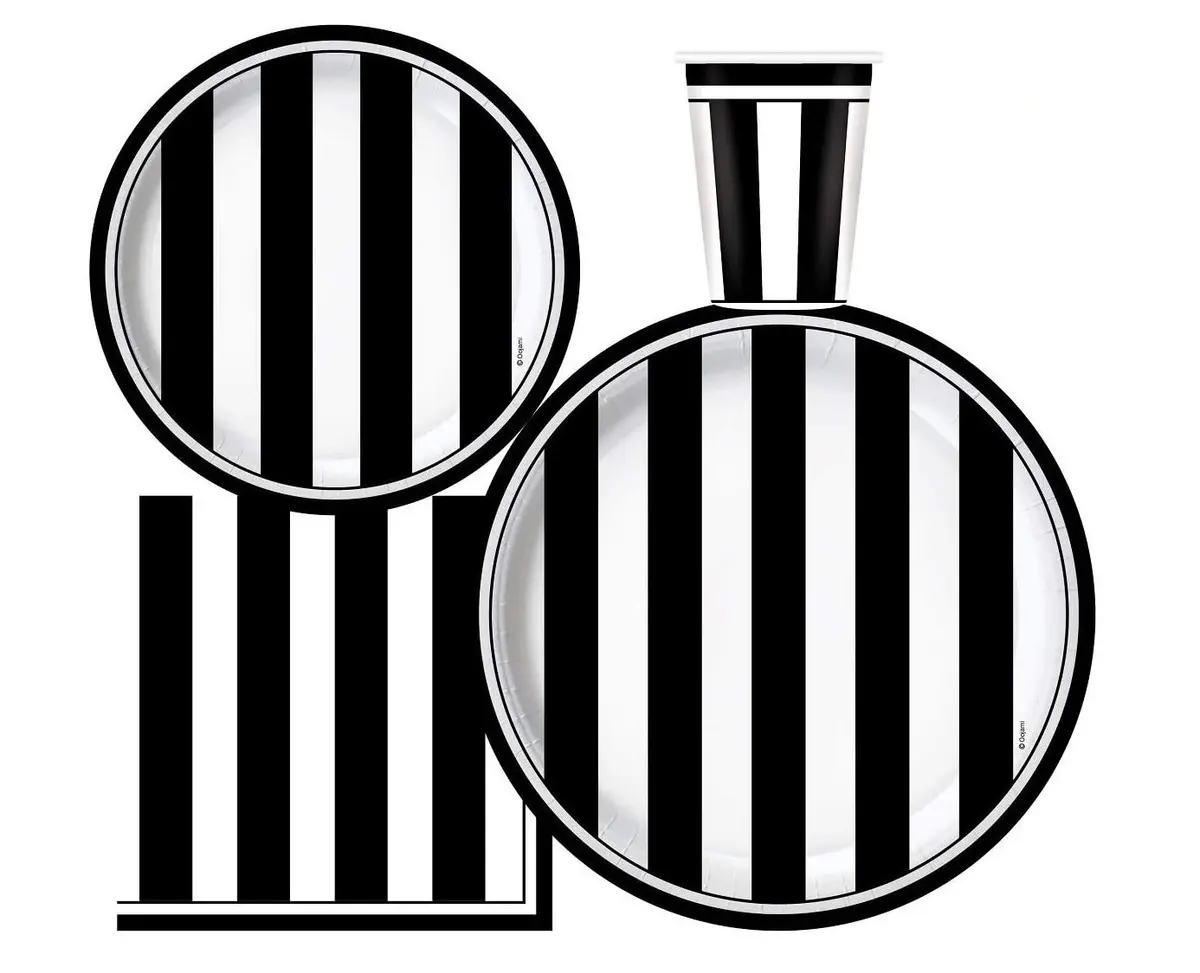 Oojami Black and White Striped Party Supplies for 30 – Disposable Plates, Cups, Napkins Set for Birthday, Wedding, Graduation, Events – 9" Dinner Plates, 7" Dessert Plates, 9 oz Cups, 3-Ply Napkins - main product image
