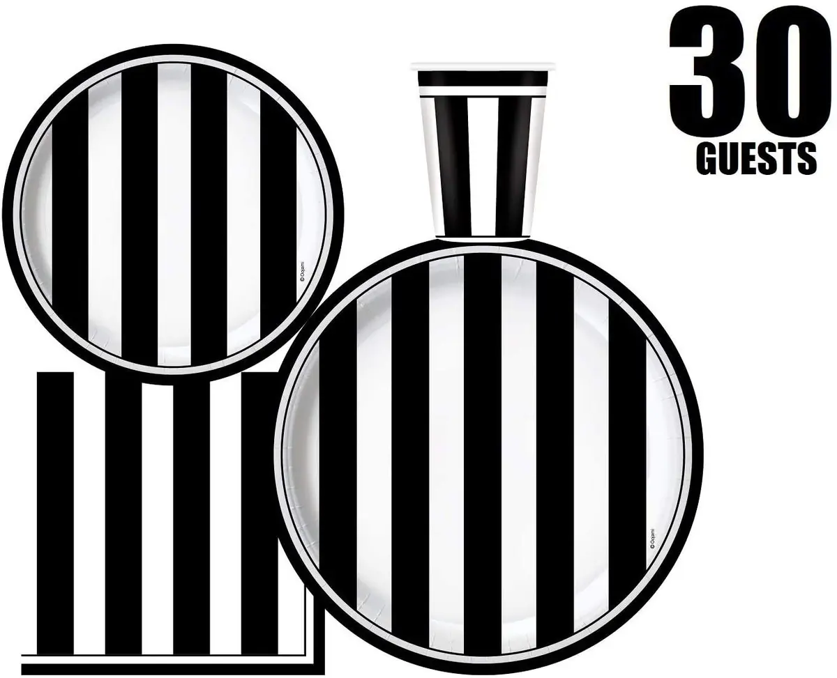 Oojami Black and White Striped Party Supplies for 30 – Disposable Plates, Cups, Napkins Set for Birthday, Wedding, Graduation, Events – 9" Dinner Plates, 7" Dessert Plates, 9 oz Cups, 3-Ply Napkins - view 6