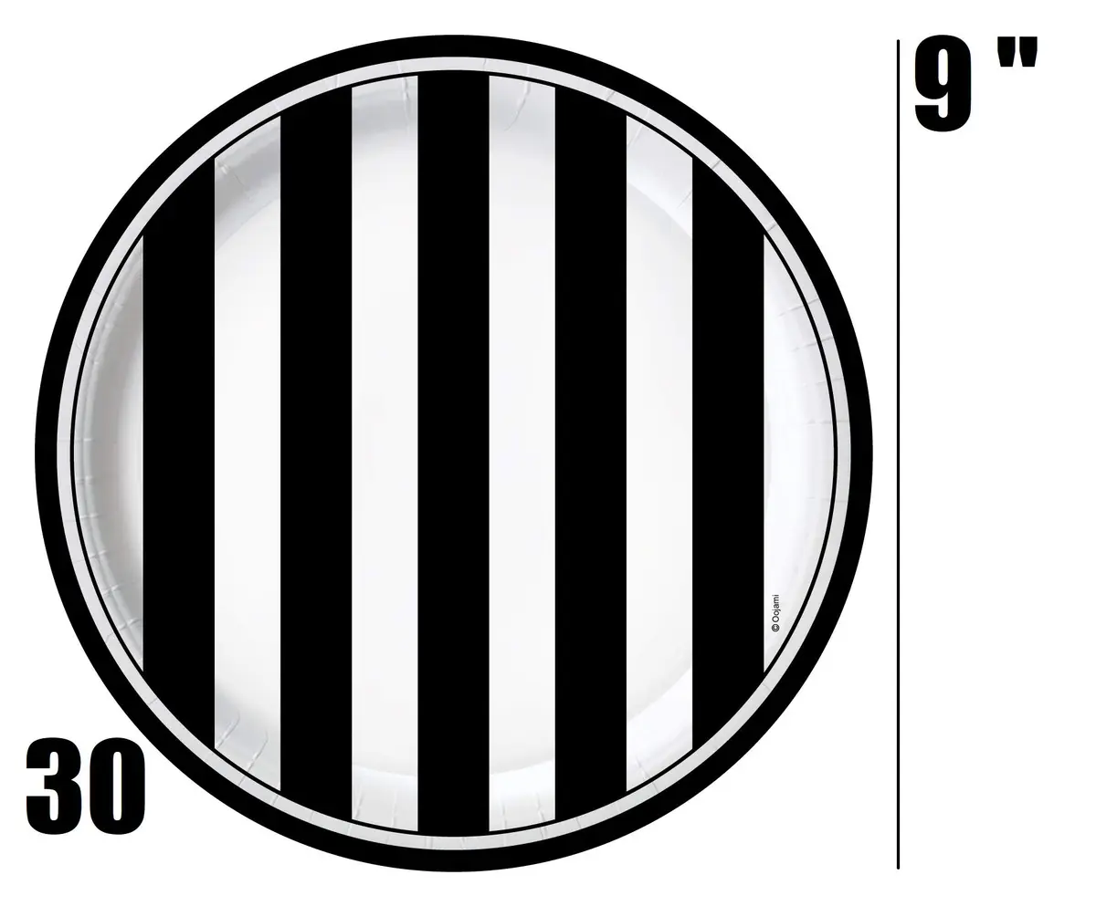 Oojami Black and White Striped Party Supplies for 30 – Disposable Plates, Cups, Napkins Set for Birthday, Wedding, Graduation, Events – 9" Dinner Plates, 7" Dessert Plates, 9 oz Cups, 3-Ply Napkins - view 2
