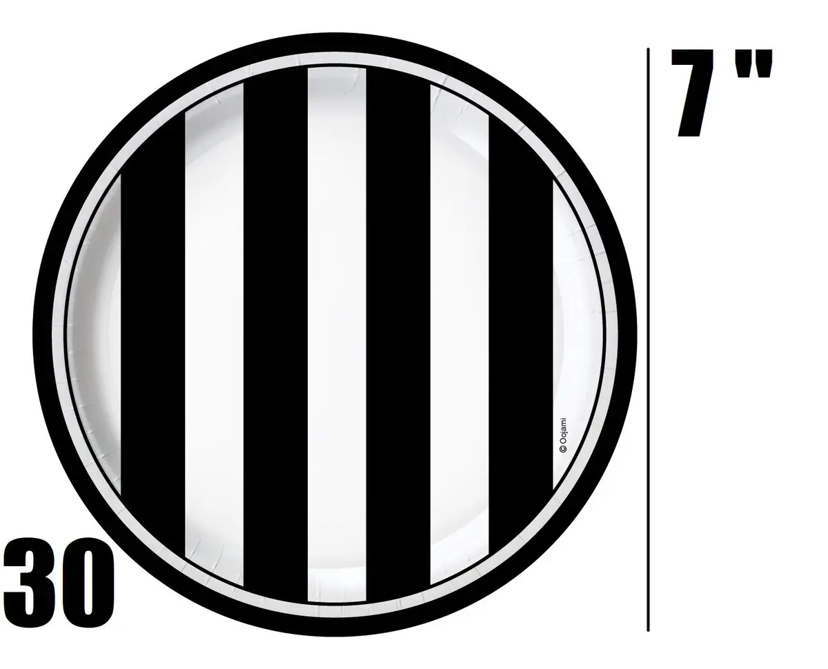 Oojami Black and White Striped Party Supplies for 30 – Disposable Plates, Cups, Napkins Set for Birthday, Wedding, Graduation, Events – 9" Dinner Plates, 7" Dessert Plates, 9 oz Cups, 3-Ply Napkins - view 3