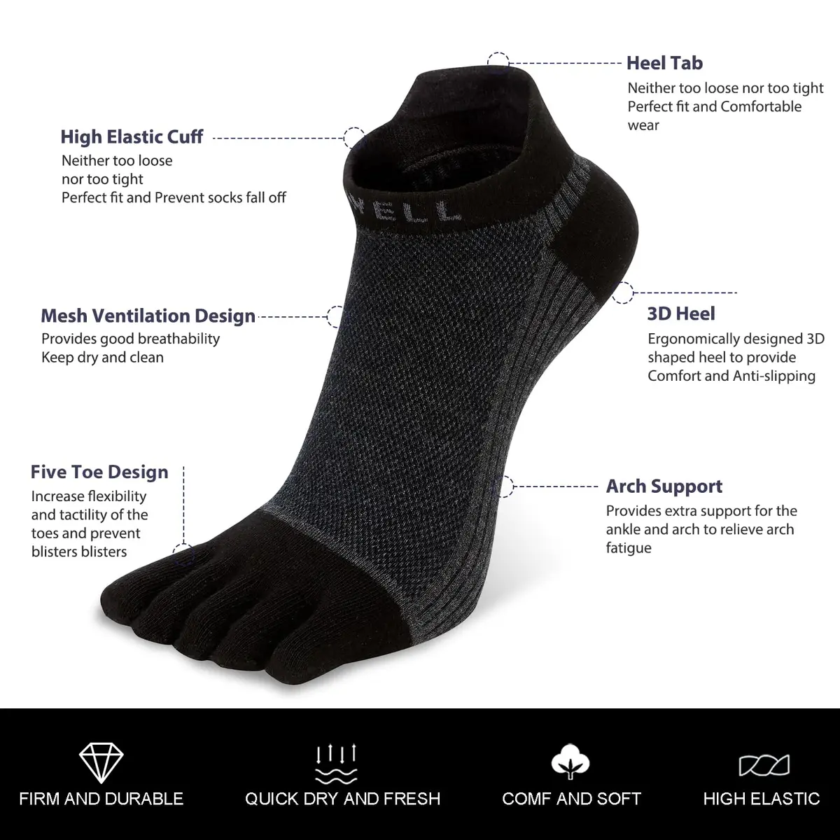 VWELL Cotton Toe Socks Five Finger Socks No Show Crew Athletic Running Socks 4 Pairs | Moisture Wicking & Soft Comfort - view 4