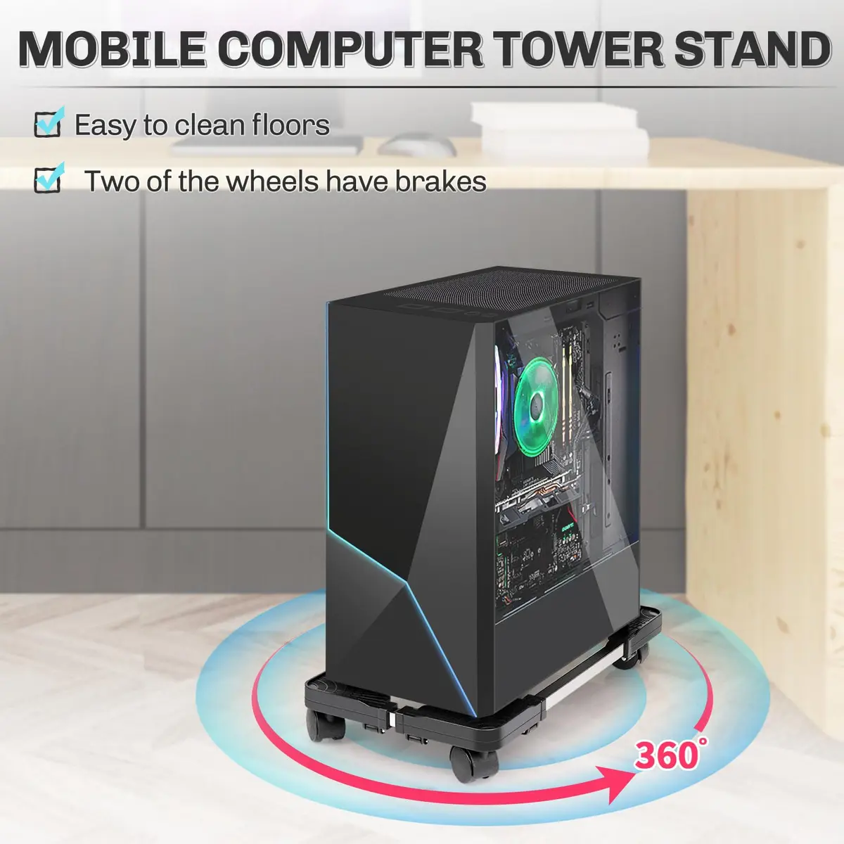 Liitrton Portable CPU Stand Adjustable Tower Support Fits Most PC | Non-slip, Sturdy Steel & ABS, Lockable Casters - view 3