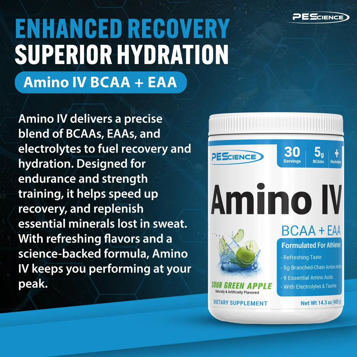 PEScience Amino IV BCAA & EAA Powder, Sour Green Apple, 30 Servings | High Leucine Content for Muscle Synthesis - view 3