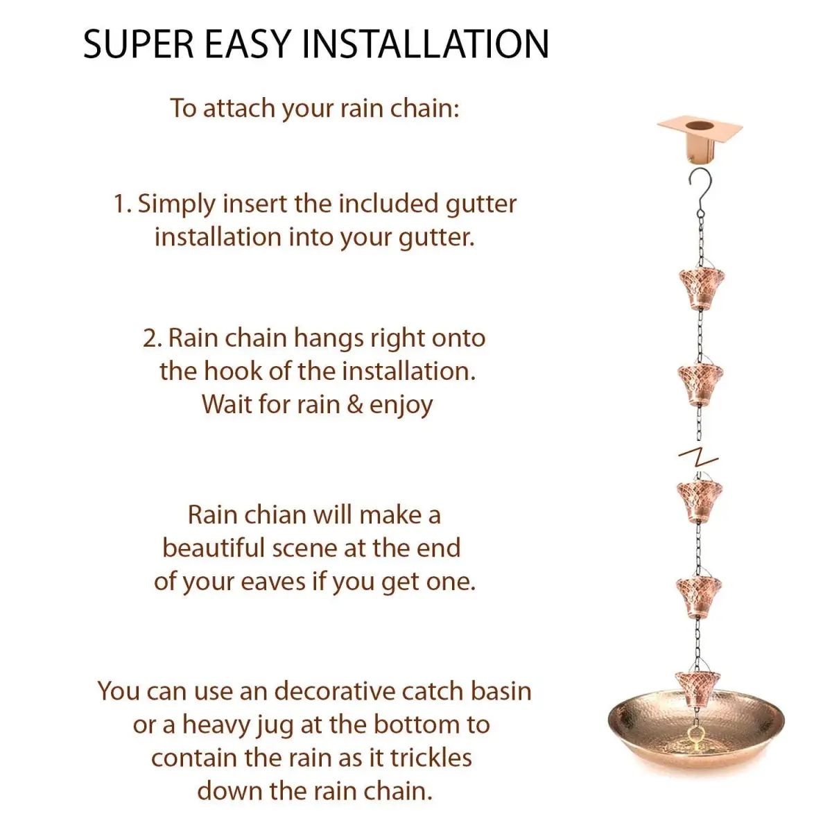 LEPTALINA 8.5FT Bell Iron Rain Chain with Adapter, Copper | Decorative Gutter Water Feature - view 4