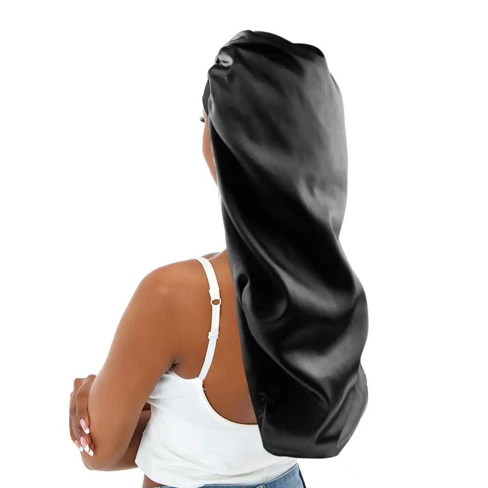 sent hair XL Satin Hair Bonnet for Women, Double-Layer Elastic Night Sleeping Cap with Tie Band for Braids/Curly/Long Hair - Black | Extra Large, Satin, Sleep Cap - main product image