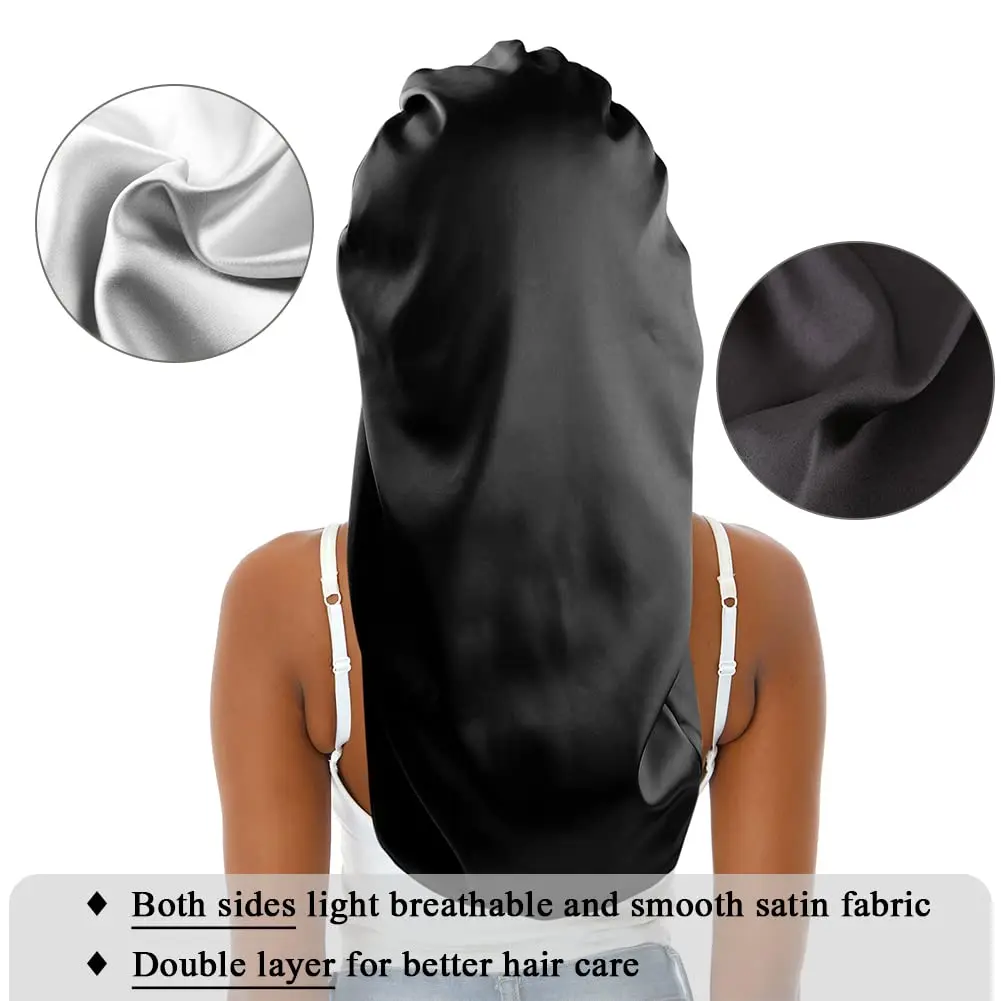 sent hair XL Satin Hair Bonnet for Women, Double-Layer Elastic Night Sleeping Cap with Tie Band for Braids/Curly/Long Hair - Black | Extra Large, Satin, Sleep Cap - view 5