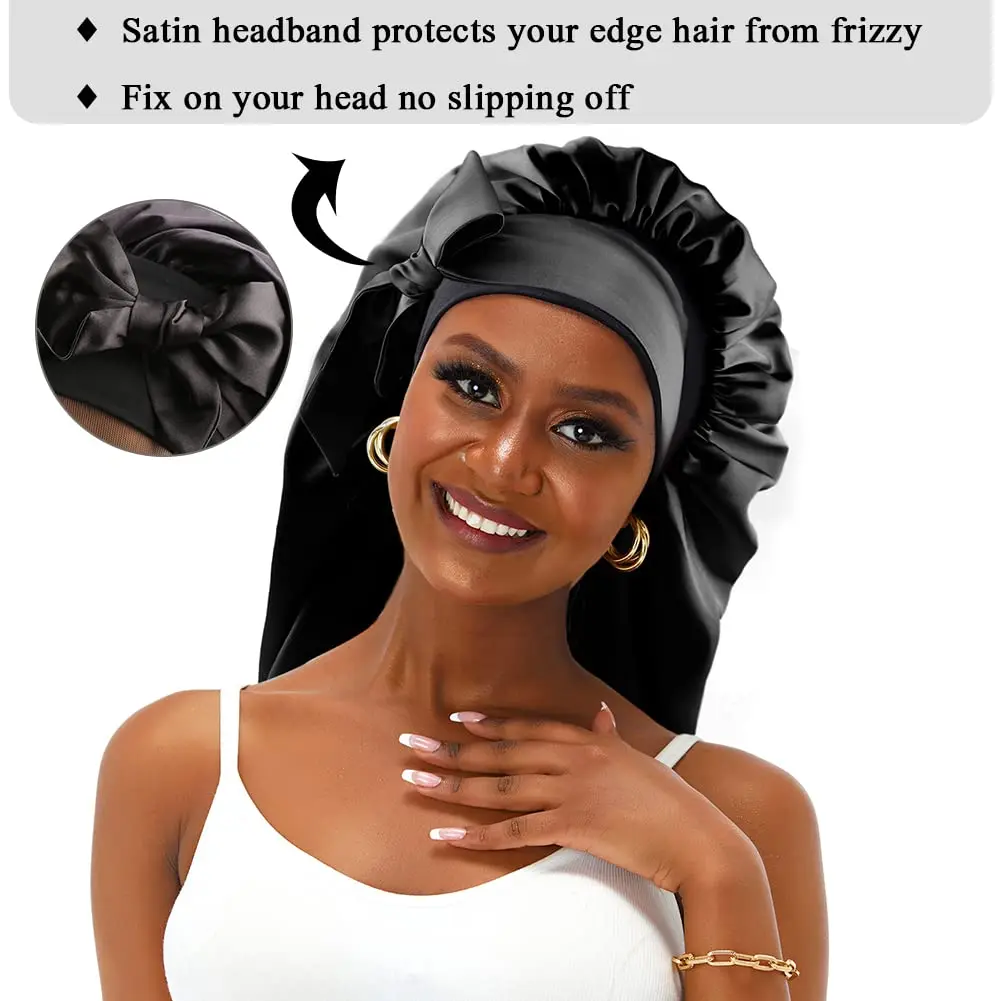 sent hair XL Satin Hair Bonnet for Women, Double-Layer Elastic Night Sleeping Cap with Tie Band for Braids/Curly/Long Hair - Black | Extra Large, Satin, Sleep Cap - view 6