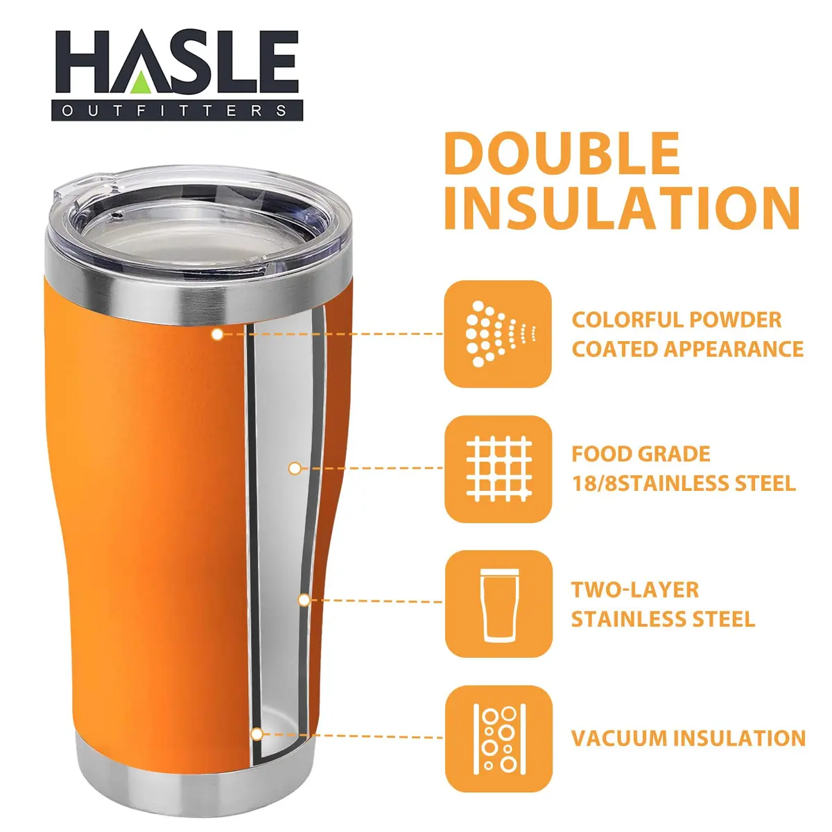 HASLE OUTFITTERS 20 oz Stainless Steel Tumbler with Lid | Vacuum Insulated, Orange, 1 Pack - view 3