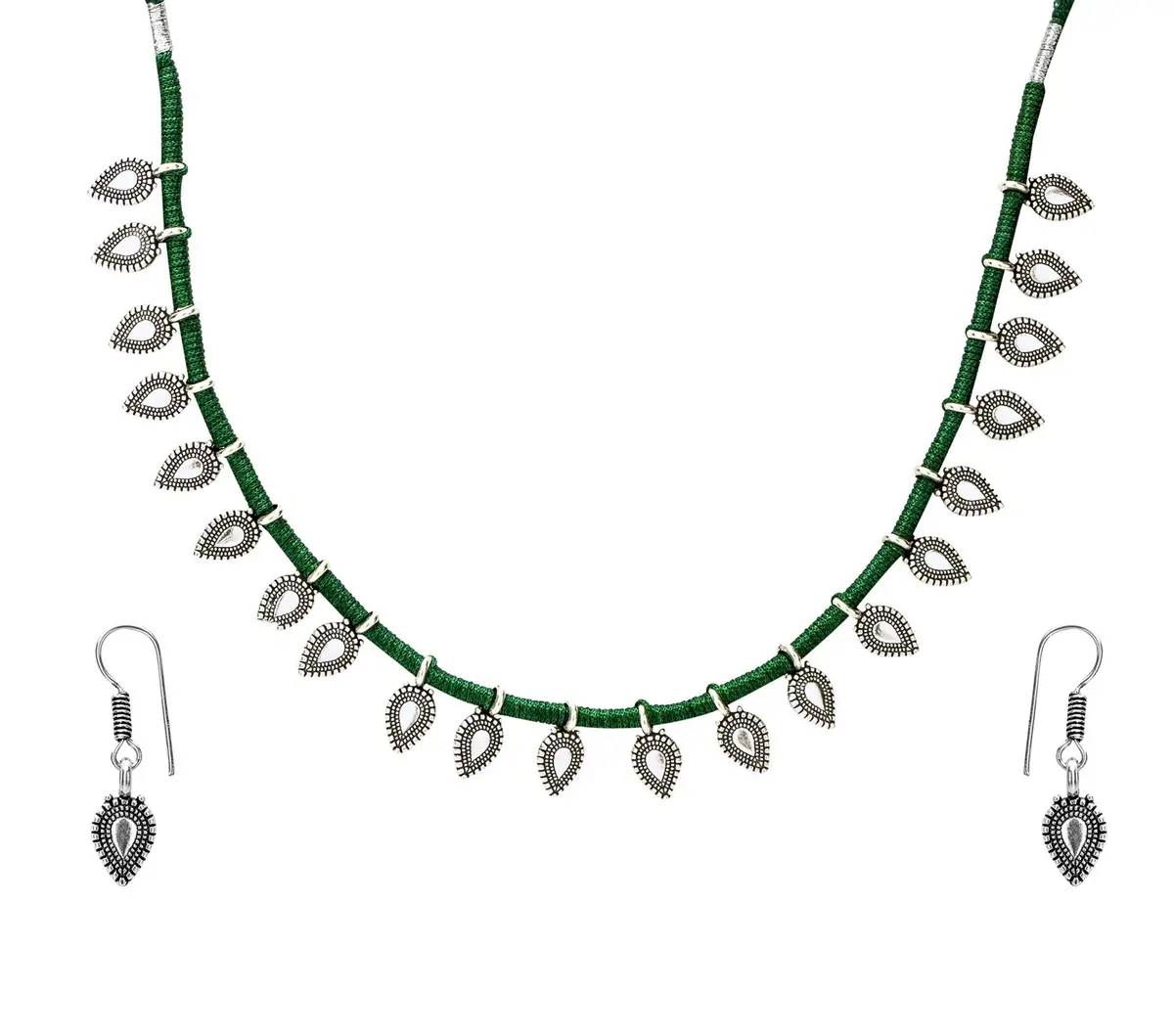 Yellow Chimes Oxidized German Silver Tribal Choker Necklace Set with Earrings for Women (Green) | 44 cm Necklace, 3.5 cm Earrings - main product image