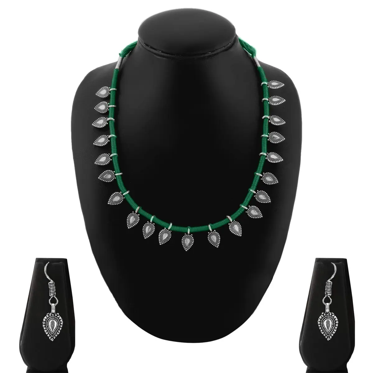 Yellow Chimes Oxidized German Silver Tribal Choker Necklace Set with Earrings for Women (Green) | 44 cm Necklace, 3.5 cm Earrings - view 5