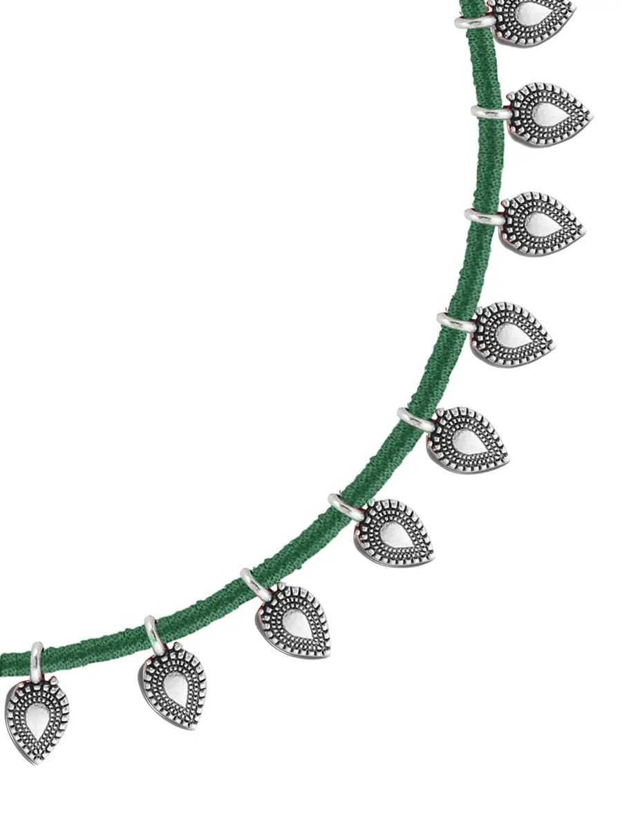 Yellow Chimes Oxidized German Silver Tribal Choker Necklace Set with Earrings for Women (Green) | 44 cm Necklace, 3.5 cm Earrings - view 6