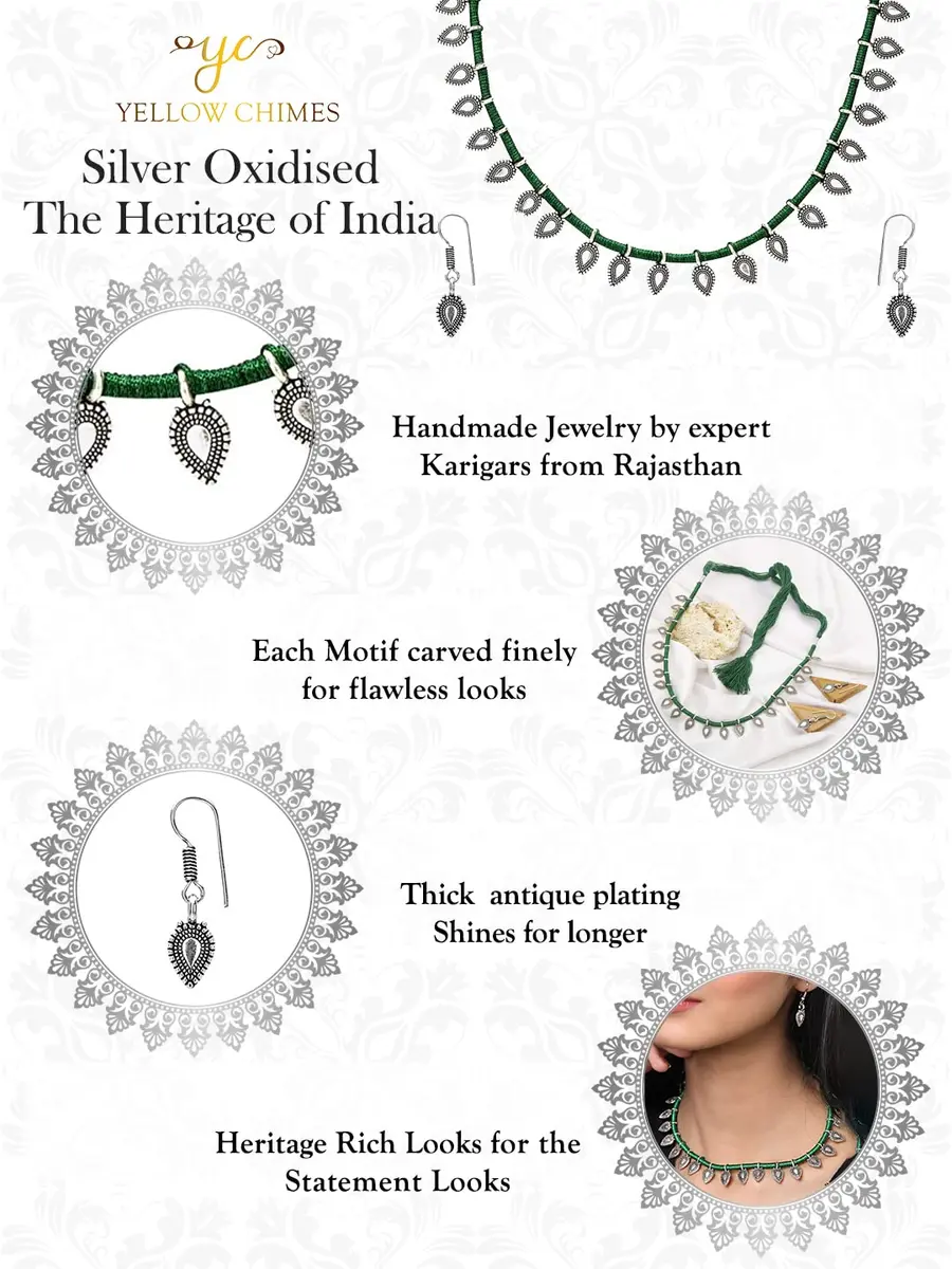 Yellow Chimes Oxidized German Silver Tribal Choker Necklace Set with Earrings for Women (Green) | 44 cm Necklace, 3.5 cm Earrings - view 7