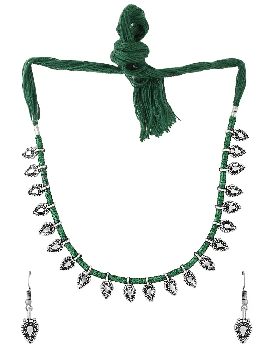 Yellow Chimes Oxidized German Silver Tribal Choker Necklace Set with Earrings for Women (Green) | 44 cm Necklace, 3.5 cm Earrings - view 8