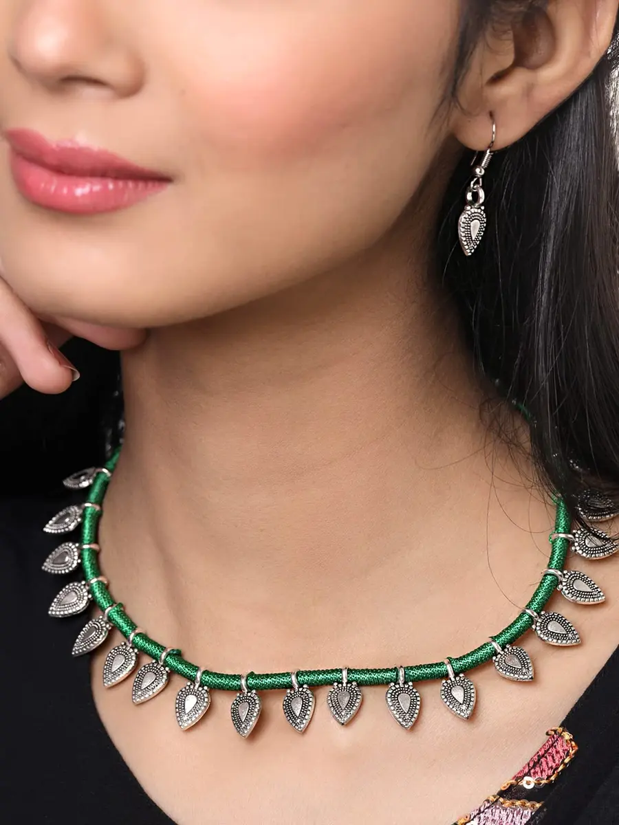 Yellow Chimes Oxidized German Silver Tribal Choker Necklace Set with Earrings for Women (Green) | 44 cm Necklace, 3.5 cm Earrings - view 3