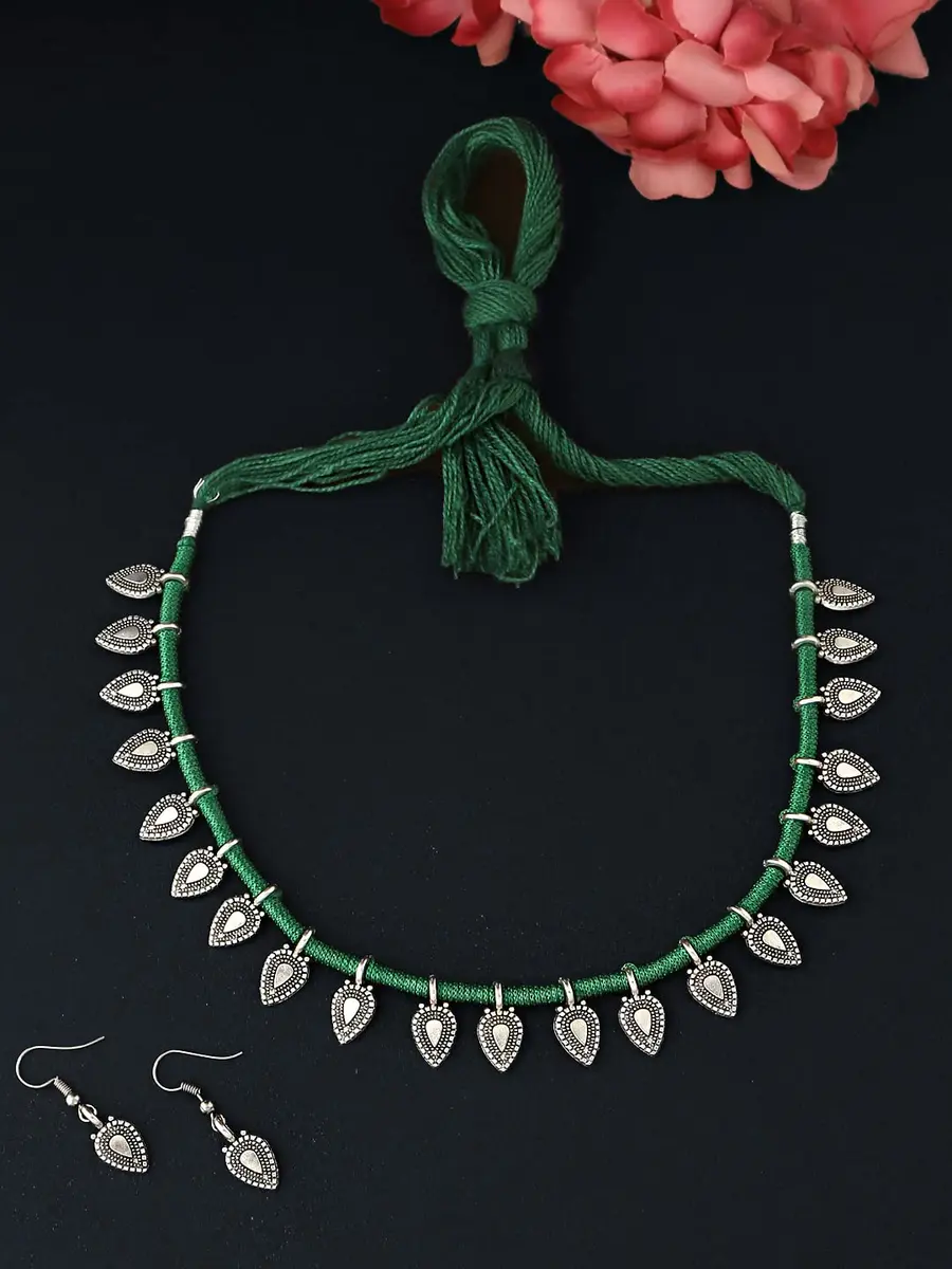 Yellow Chimes Oxidized German Silver Tribal Choker Necklace Set with Earrings for Women (Green) | 44 cm Necklace, 3.5 cm Earrings - view 4