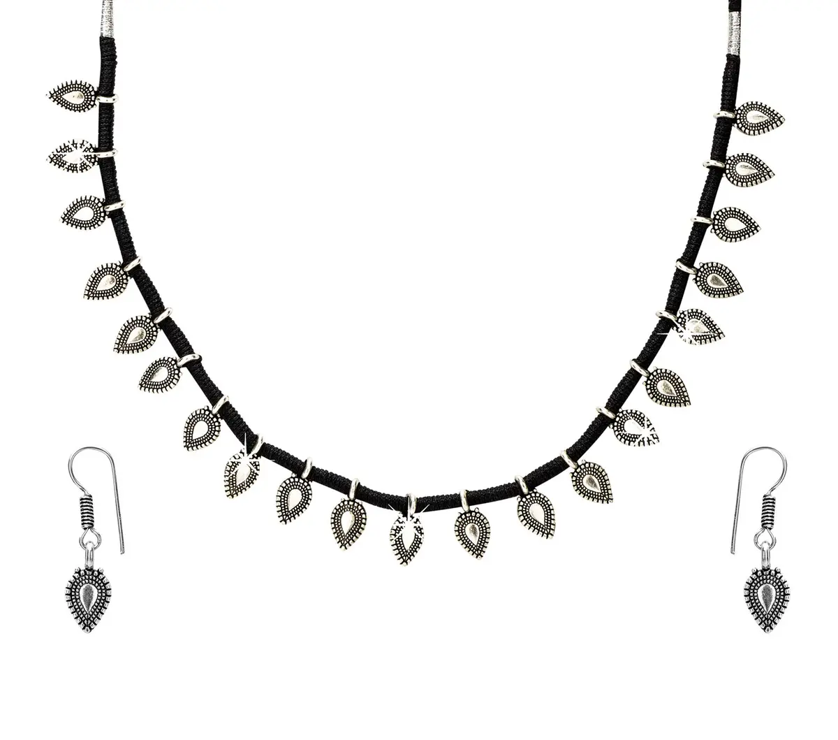 Yellow Chimes Antique Silver Oxidized Ethnic Indian Traditional Leaf Charm Pink Thread Neck Dori Necklace Set with Earrings Jewelry for Women - main product image