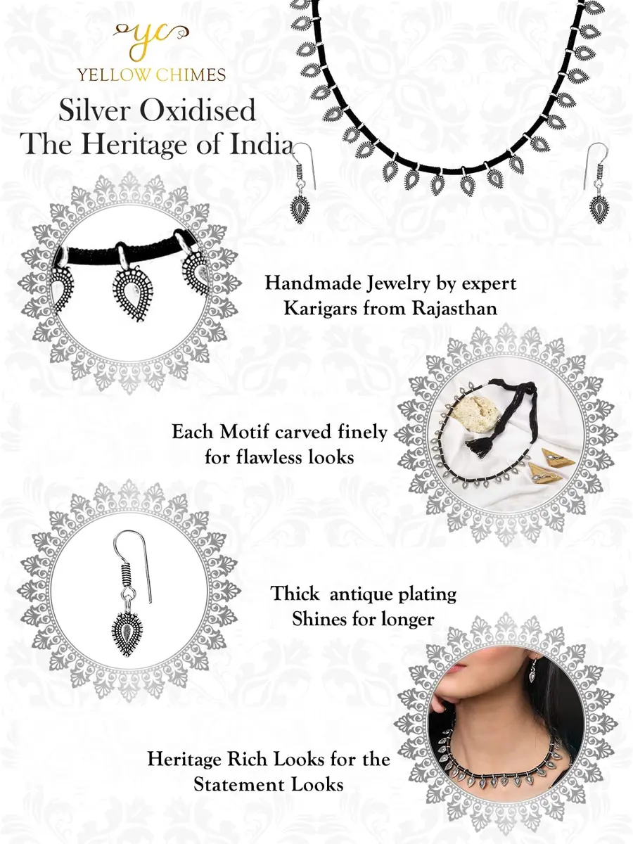 Yellow Chimes Antique Silver Oxidized Ethnic Indian Traditional Leaf Charm Pink Thread Neck Dori Necklace Set with Earrings Jewelry for Women - view 6