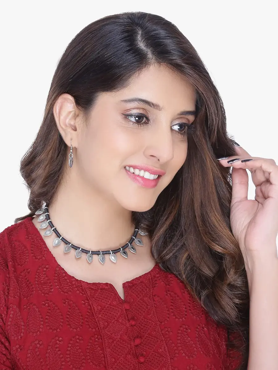 Yellow Chimes Antique Silver Oxidized Ethnic Indian Traditional Leaf Charm Pink Thread Neck Dori Necklace Set with Earrings Jewelry for Women - view 3