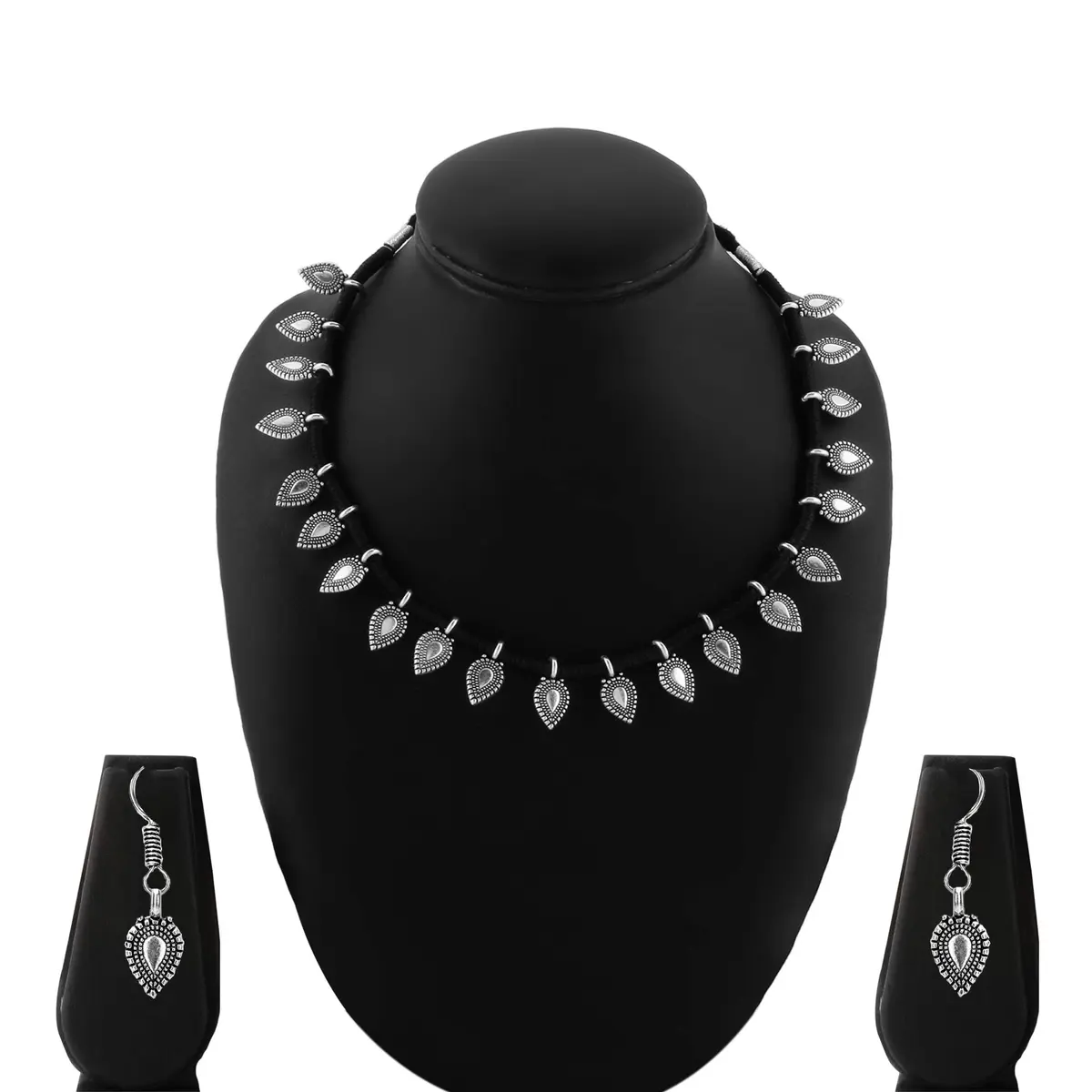 Yellow Chimes Antique Silver Oxidized Ethnic Indian Traditional Leaf Charm Pink Thread Neck Dori Necklace Set with Earrings Jewelry for Women - view 4