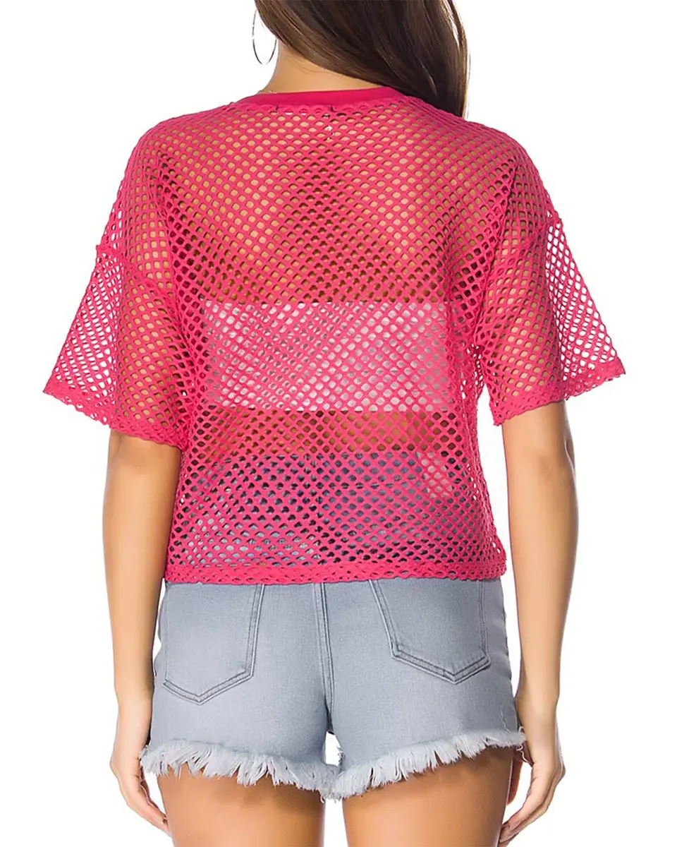 CLOZOZ Women's Mesh Crop Top See Through Fishnet Shirt Short Sleeve Crew Neck Rose Red | Sheer Cover Up for Beach & Summer - view 3
