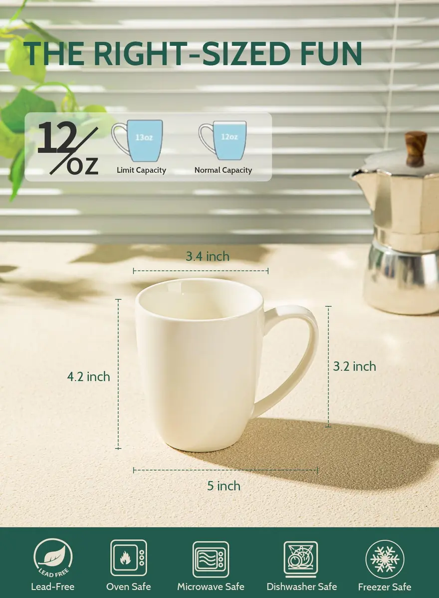 Sweese Porcelain White Coffee Mug 12oz | Set of 6, Dishwasher & Microwave Safe - view 6