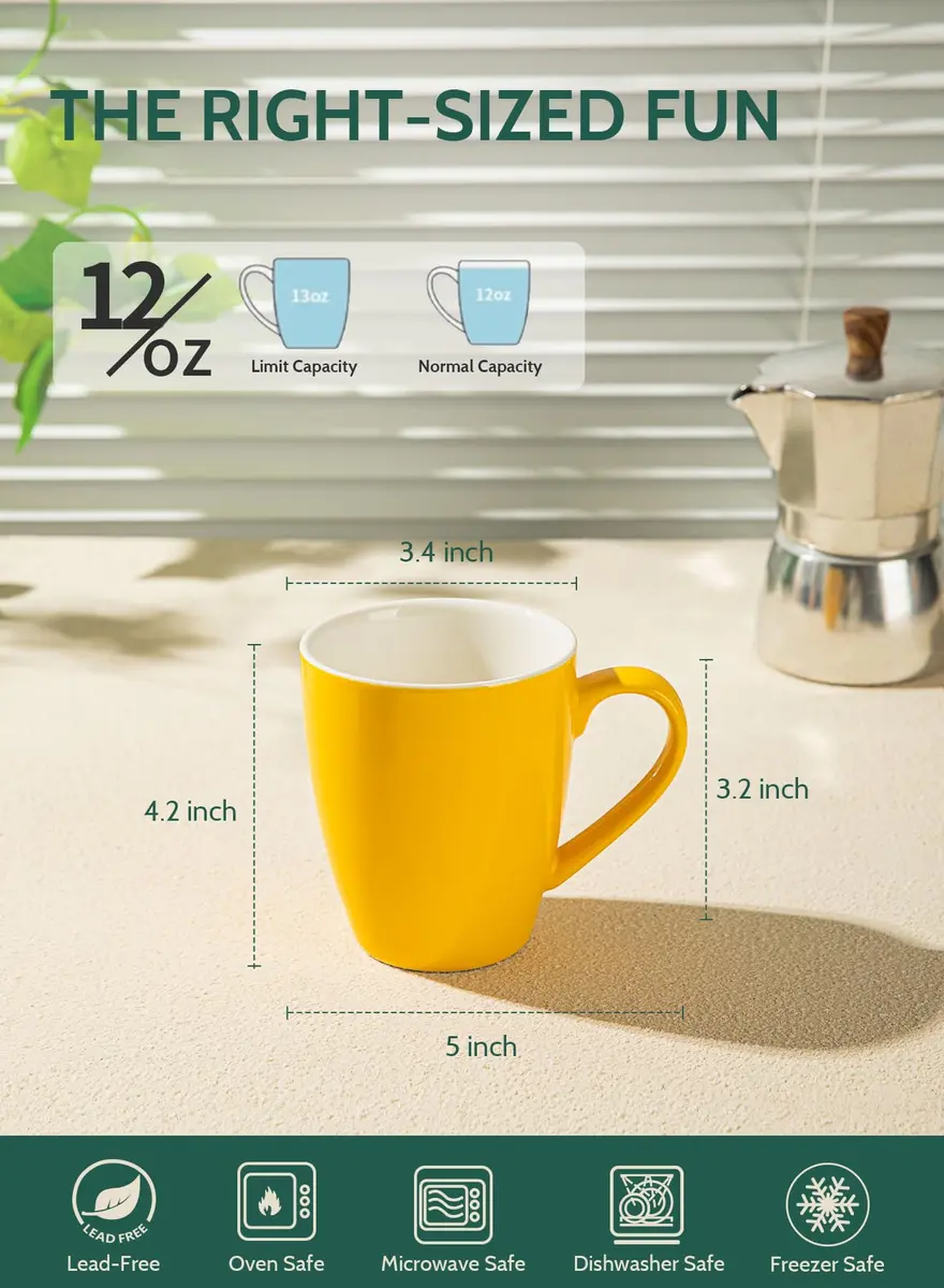 Sweese Porcelain Mug - 12 Ounce for Coffee, Tea, Cocoa & Mulled Drinks | Set of 6, Assorted Colors - view 6