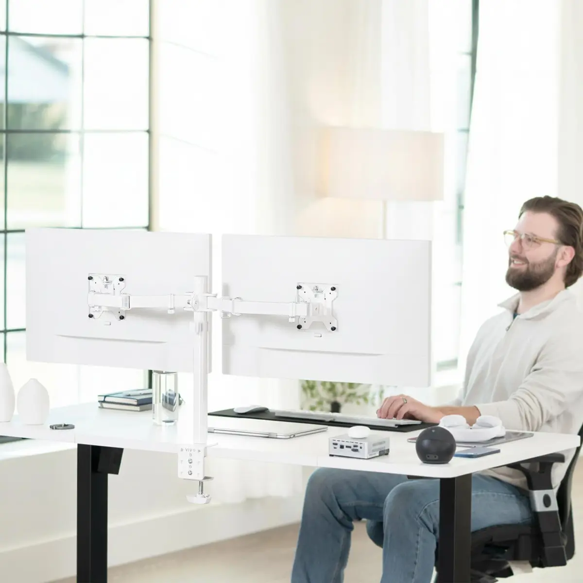VIVO Dual Monitor Desk Mount STAND-V002W | White, Articulating, Adjustable Monitor Arm, Grommet or C-Clamp Mounting, Computer Stand for 2 Monitors, Holds 22 lbs Each - view 2