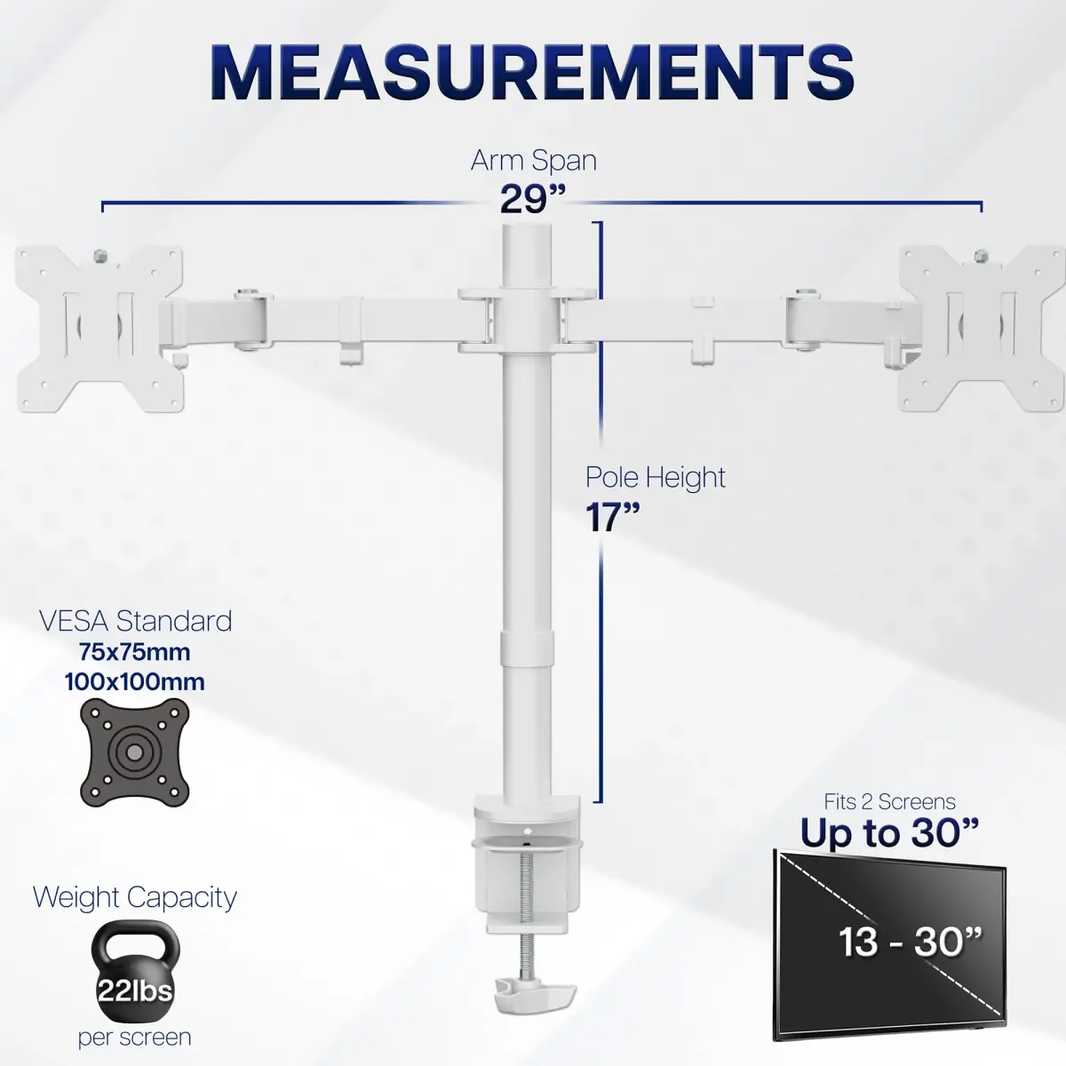 VIVO Dual Monitor Desk Mount STAND-V002W | White, Articulating, Adjustable Monitor Arm, Grommet or C-Clamp Mounting, Computer Stand for 2 Monitors, Holds 22 lbs Each - view 4