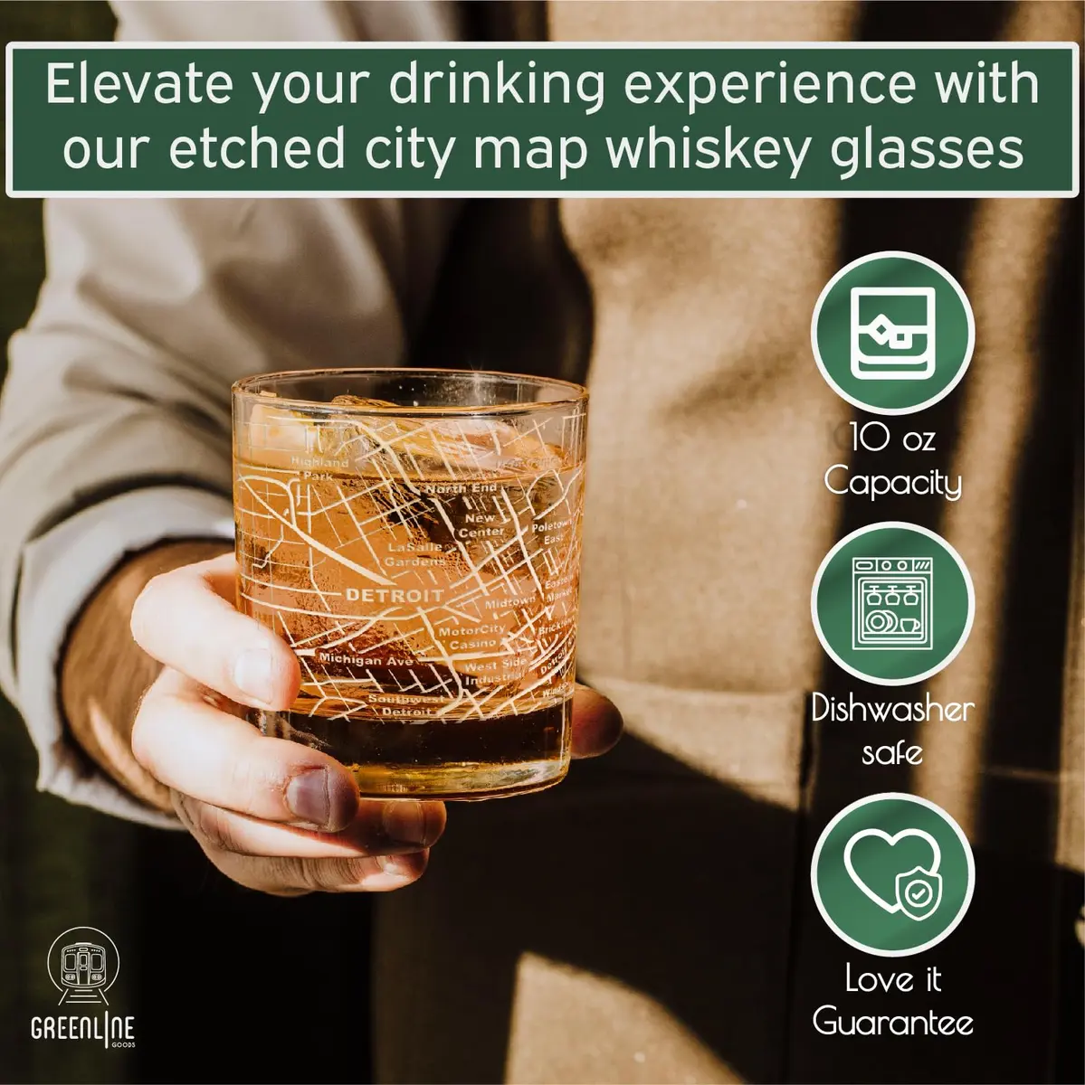 Greenline Goods Detroit Map Etched Whiskey Glasses - 355ml (12 Fl Oz) Set of 2 | Authentic USA Import for Cocktail Lovers - view 5