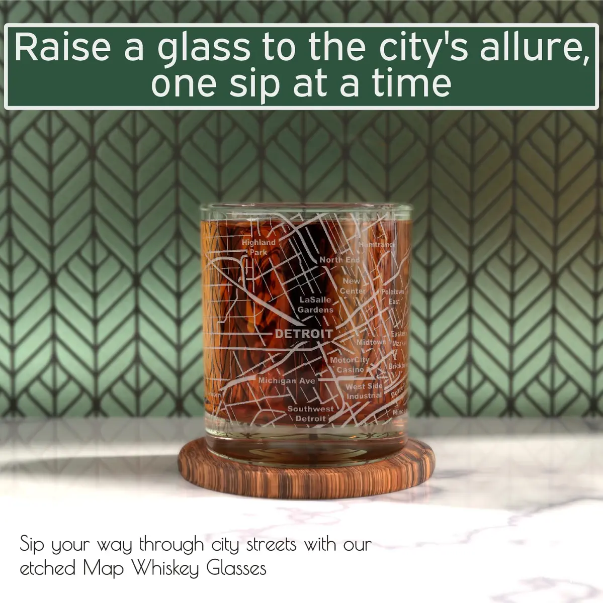 Greenline Goods Detroit Map Etched Whiskey Glasses - 355ml (12 Fl Oz) Set of 2 | Authentic USA Import for Cocktail Lovers - view 2