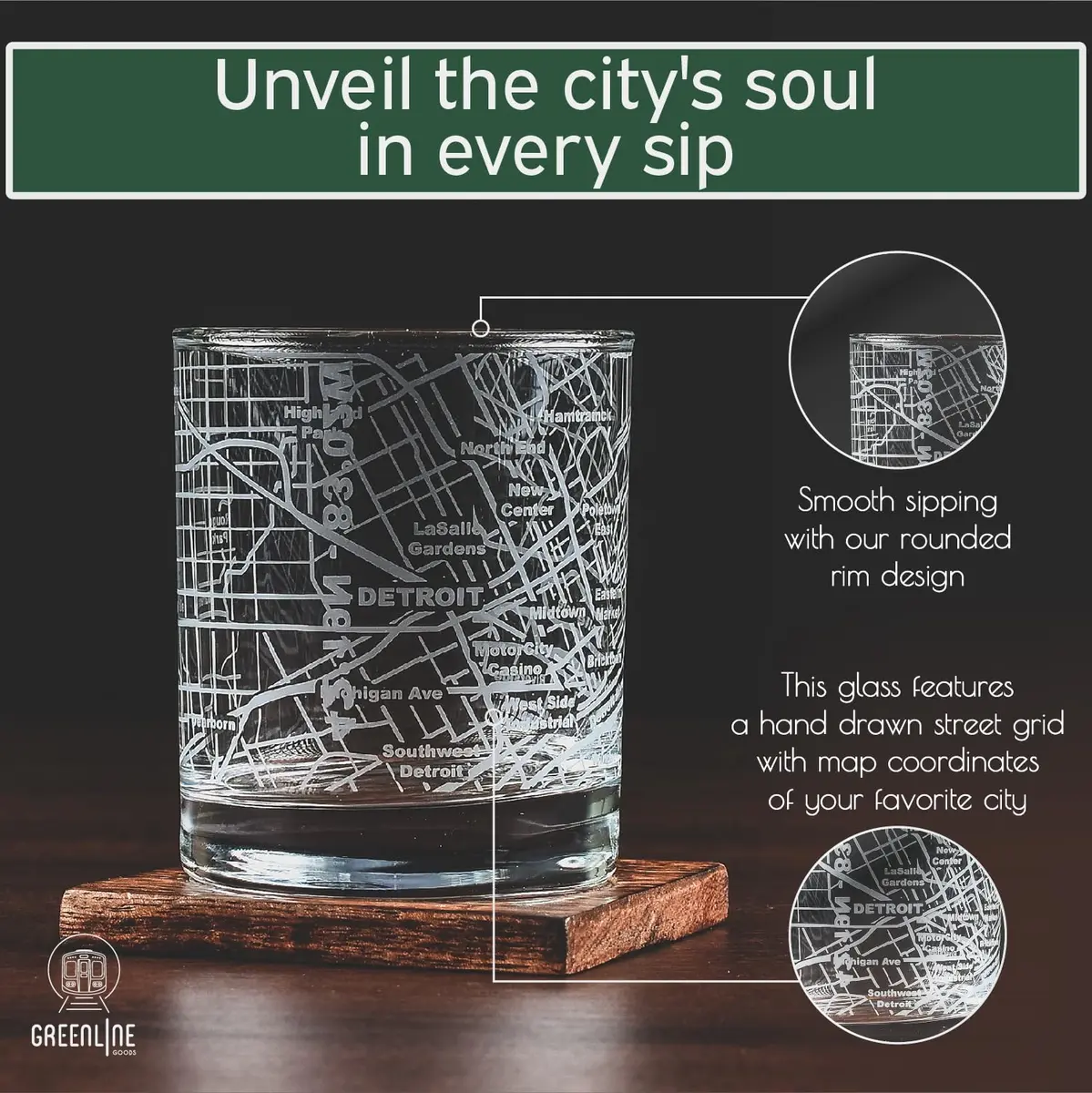 Greenline Goods Detroit Map Etched Whiskey Glasses - 355ml (12 Fl Oz) Set of 2 | Authentic USA Import for Cocktail Lovers - view 4