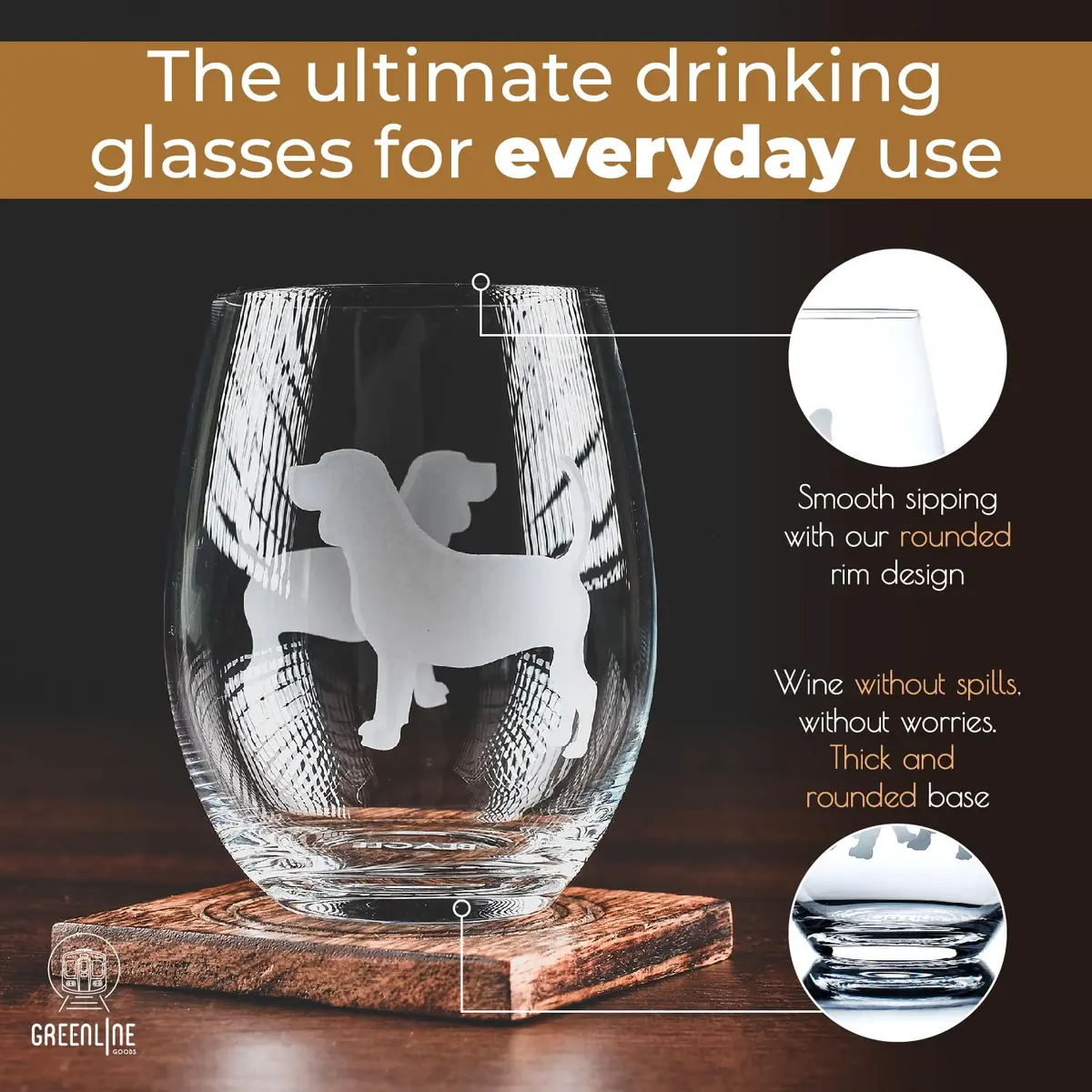 Greenline Goods Beagle Stemless Wine Glasses (Set of 2) | Dog Lover Gift | Hand Etched Breed Name - view 4
