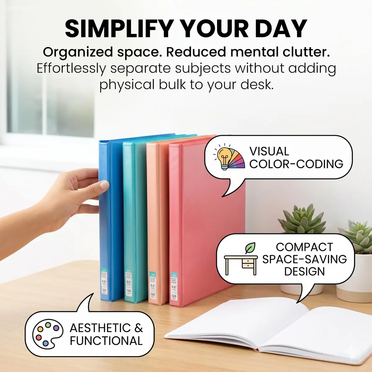 Yoobi 0.5 Inch D-Ring Binders (4-Pack, Multicolor) | 120 Sheet Capacity - view 4