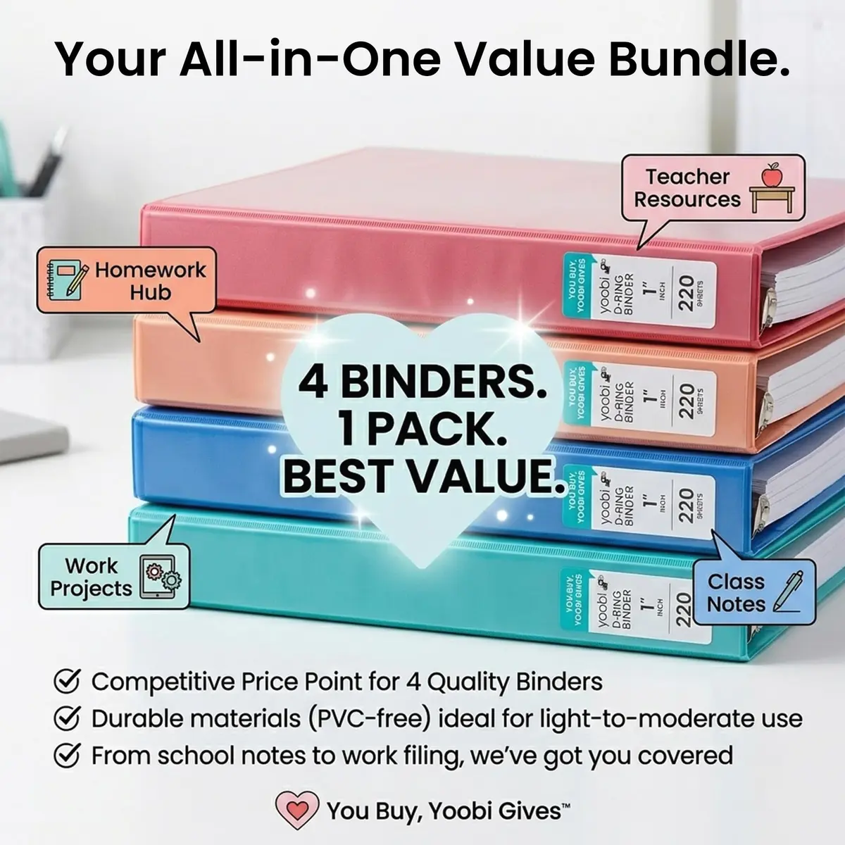 Yoobi 1 Inch D-Ring Binder Set, 4 Pack Multicolor | Holds 220 Sheets - view 8