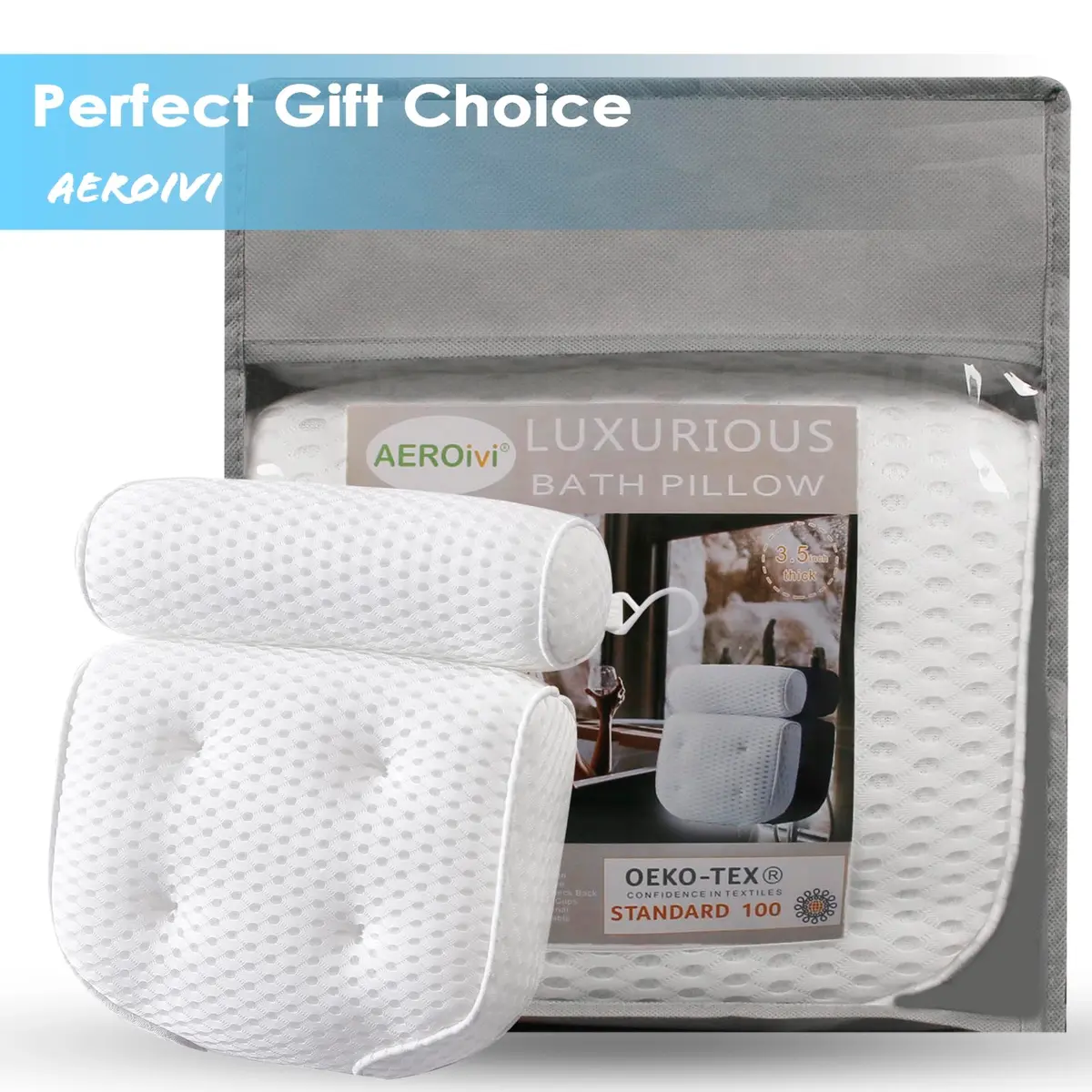 AEROiVi Luxury Bath Pillow for Tub | Soft Mesh Head and Neck Support with 6 Strong Suction Cups, White (1 Count) - view 8