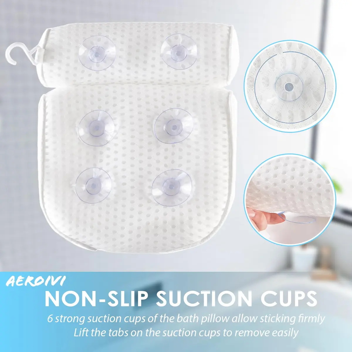 AEROiVi Luxury Bath Pillow for Tub | Soft Mesh Head and Neck Support with 6 Strong Suction Cups, White (1 Count) - view 4