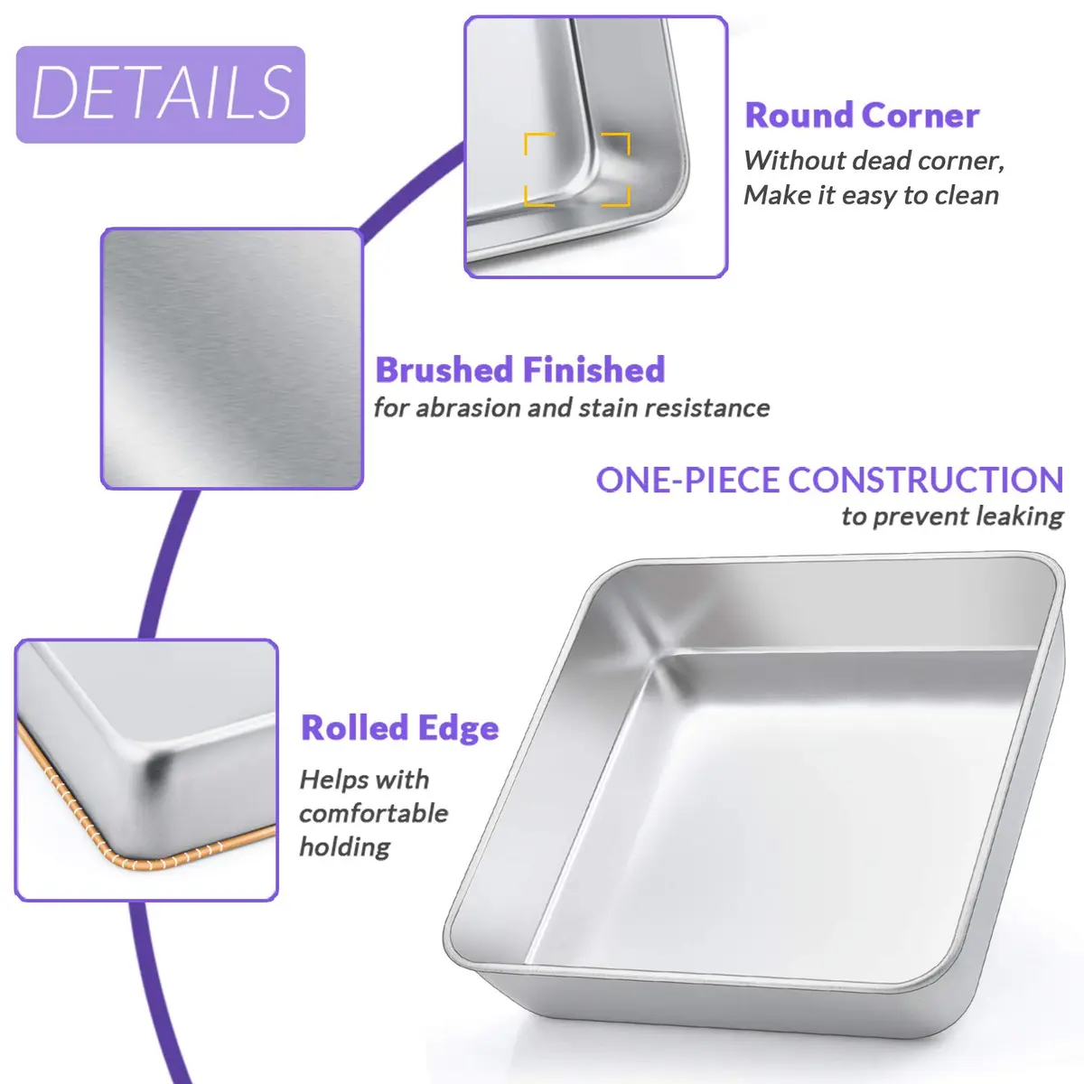 E-far 8 x 8-Inch Stainless Steel Baking Pan Set | Healthy, Durable & Dishwasher Safe - view 3