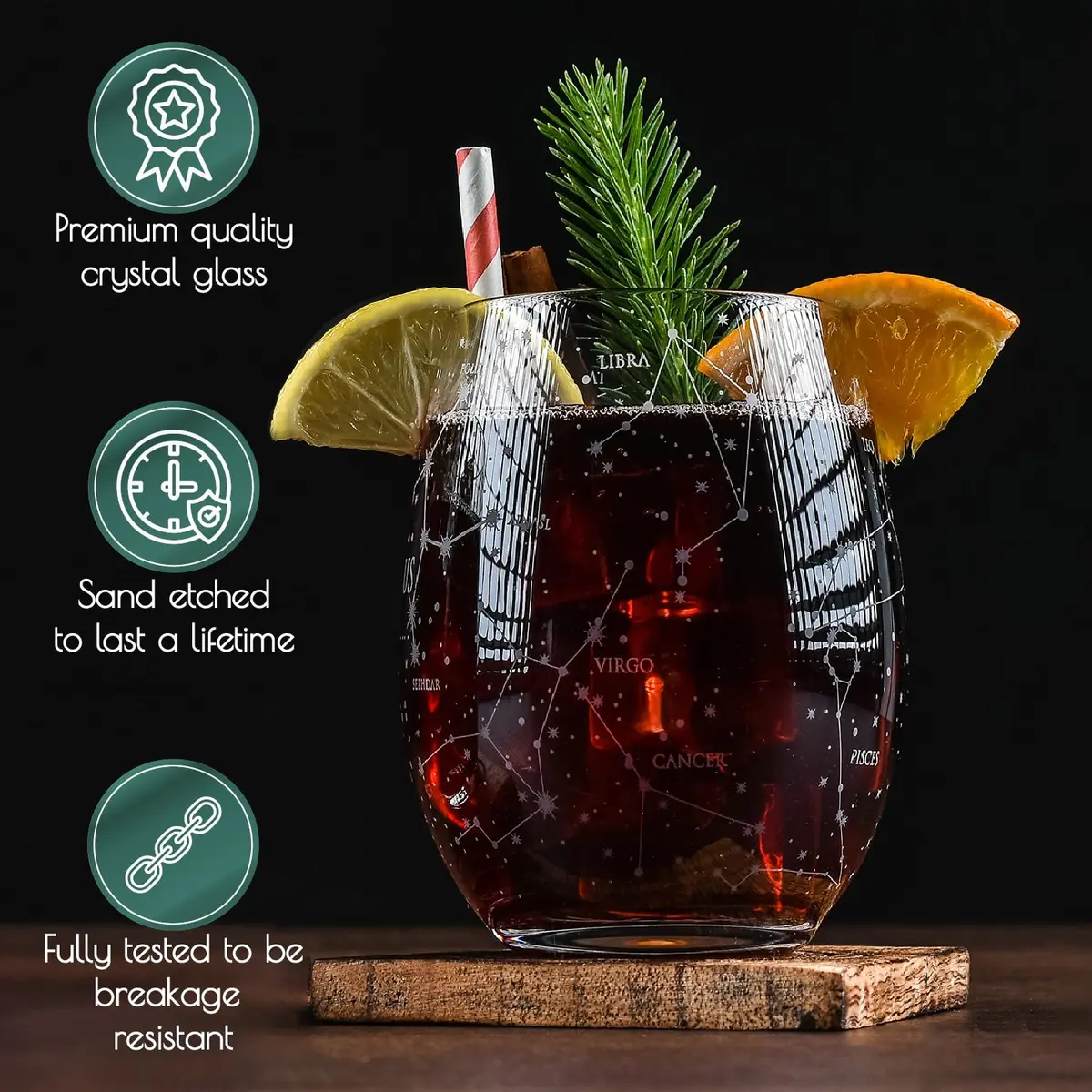 Greenline Goods Sagittarius Zodiac Stemless Wine Glasses 15 oz | Hand Etched Astrology Sign - view 4