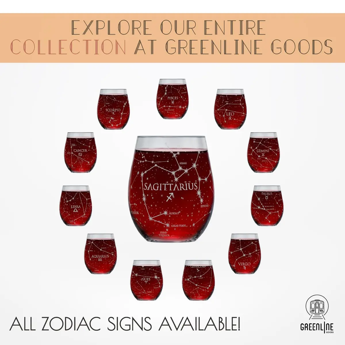 Greenline Goods Sagittarius Zodiac Stemless Wine Glasses 15 oz | Hand Etched Astrology Sign - view 6